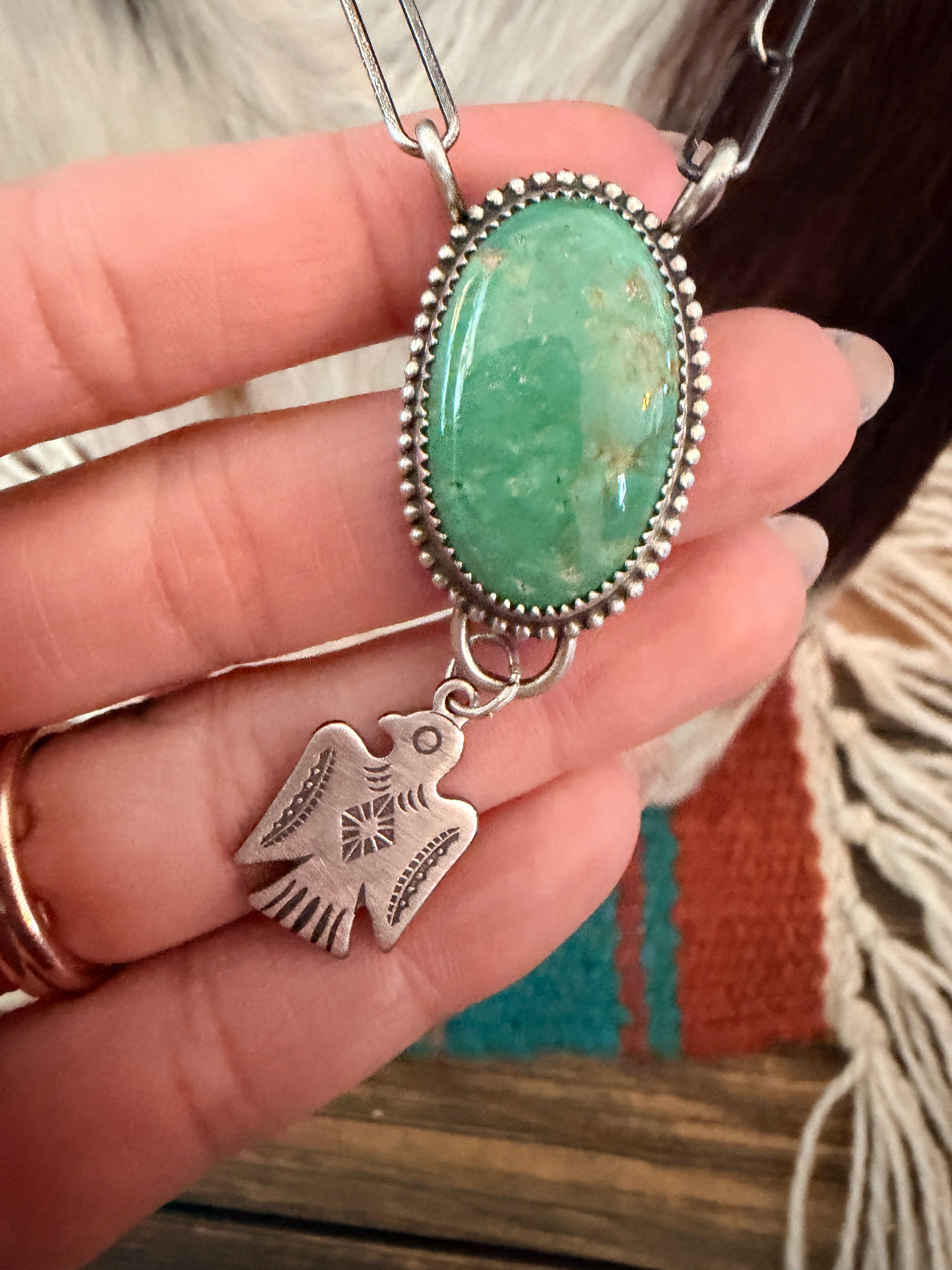 Handmade Sterling Silver & Tyrone Turquoise Thunderbird Necklace