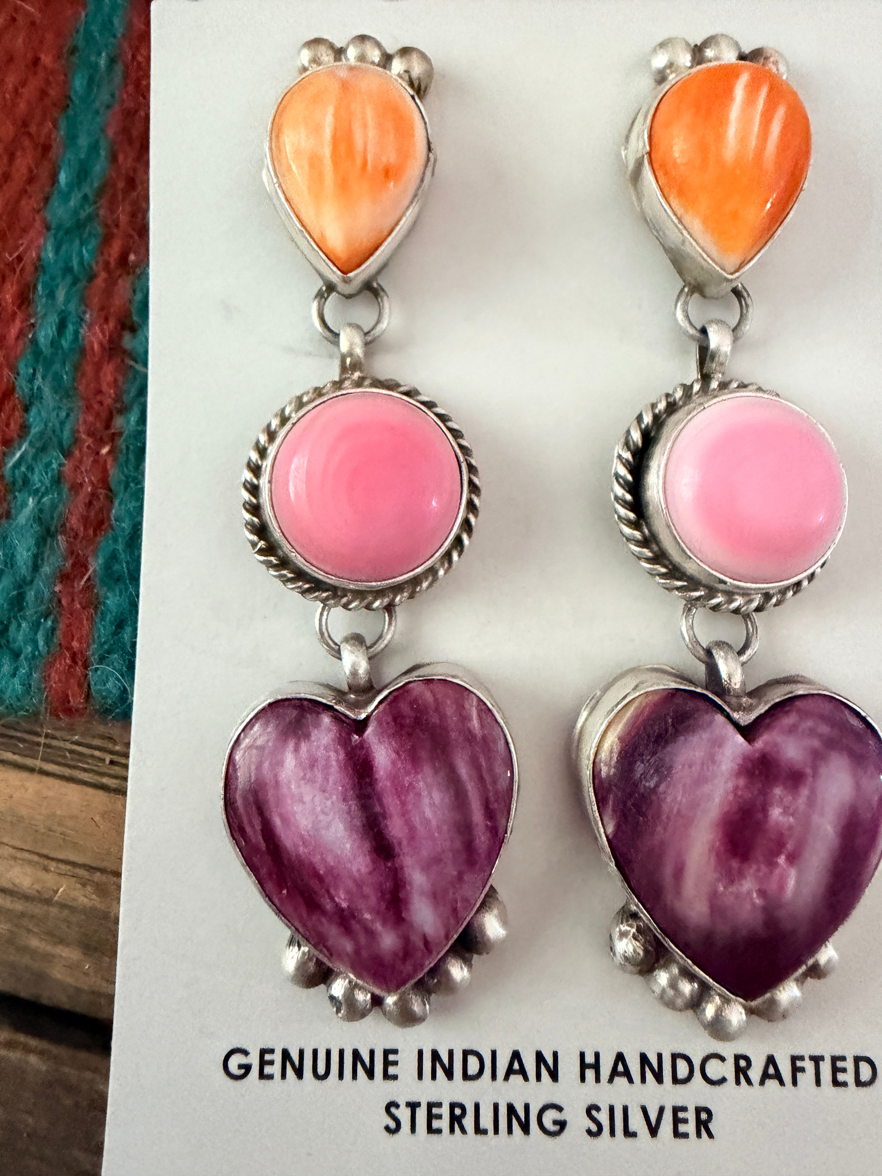Handcrafted Sterling Silver, Spiny Oyster & Queen Pink Conch Heart Dangle Earrings by Vicky Hicks