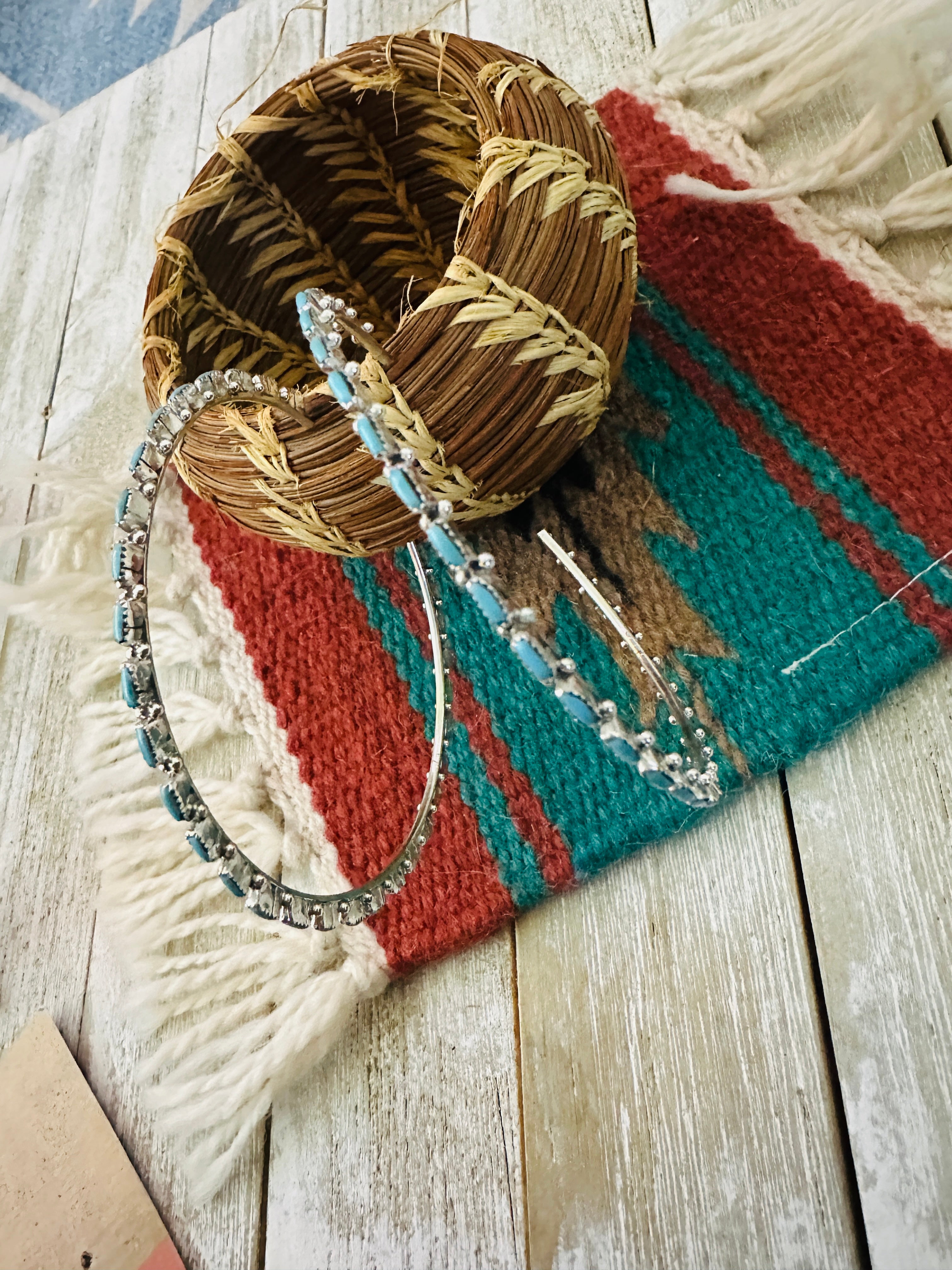 Handcrafted Turquoise & Sterling Silver Needlepoint Hoop Earrings