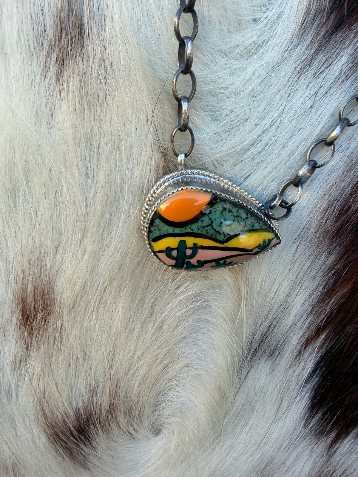 Handmade Sterling Silver & Jasper Painted Cactus Necklace