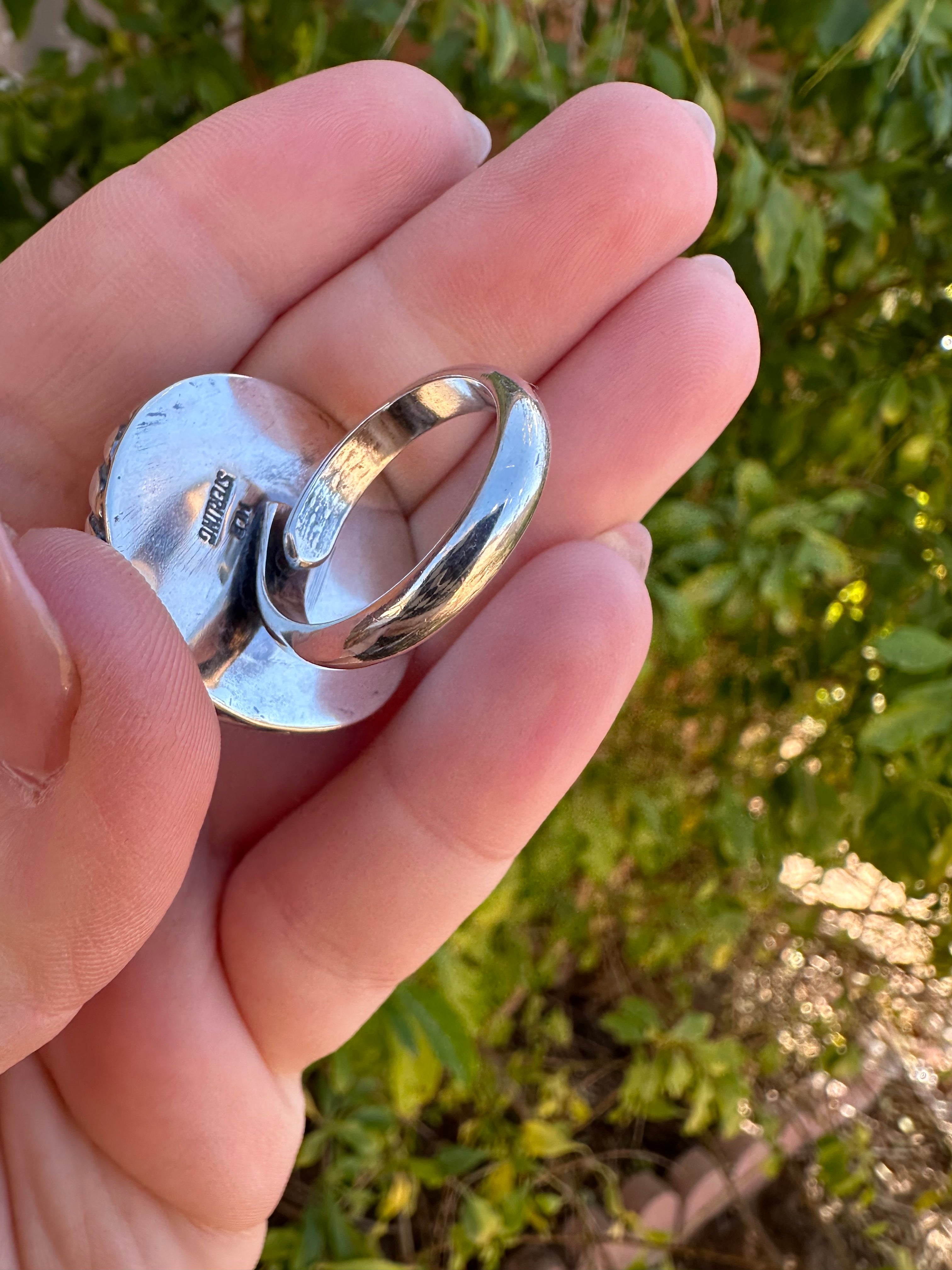 Handcrafted Sterling Silver & Single Stone Turquoise Adjustable Ring CIRCLE STYLE Signed