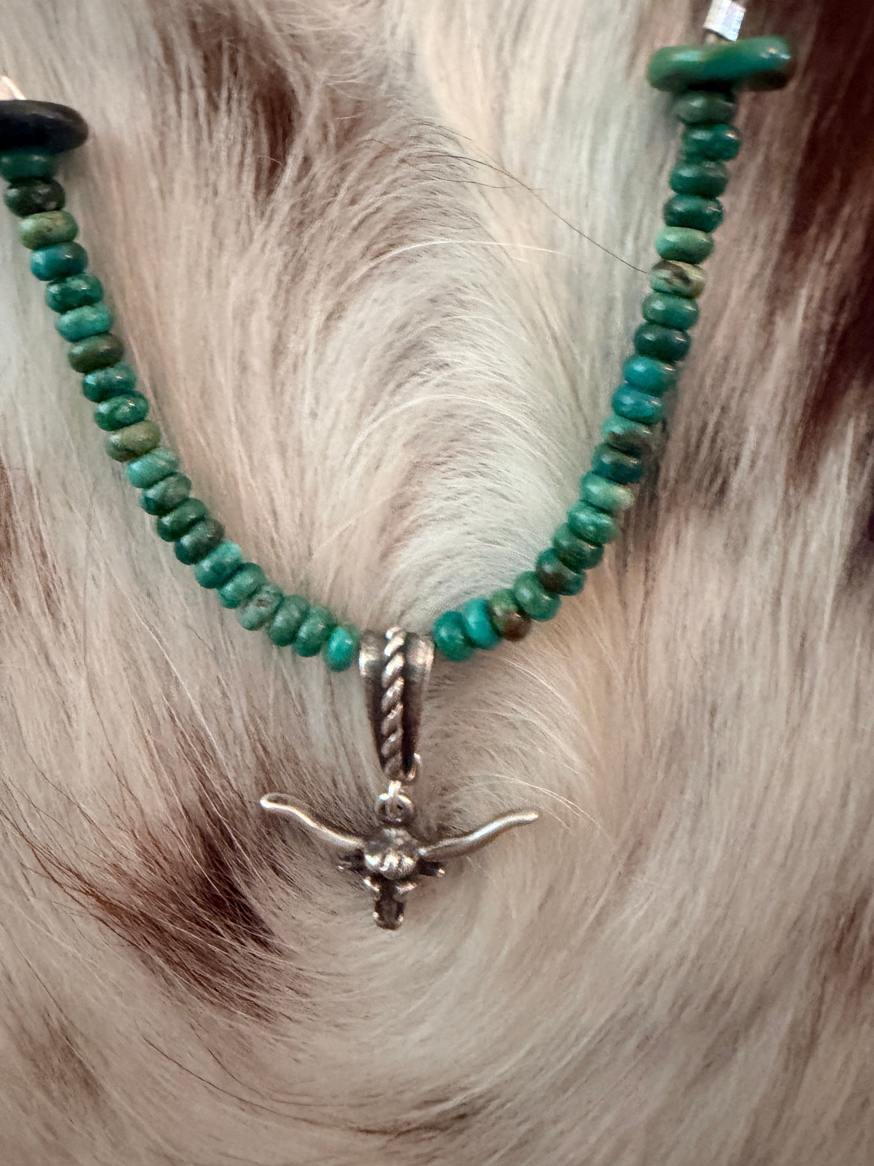 Handmade Sterling Silver & Turquoise Beaded Bullhead Necklace