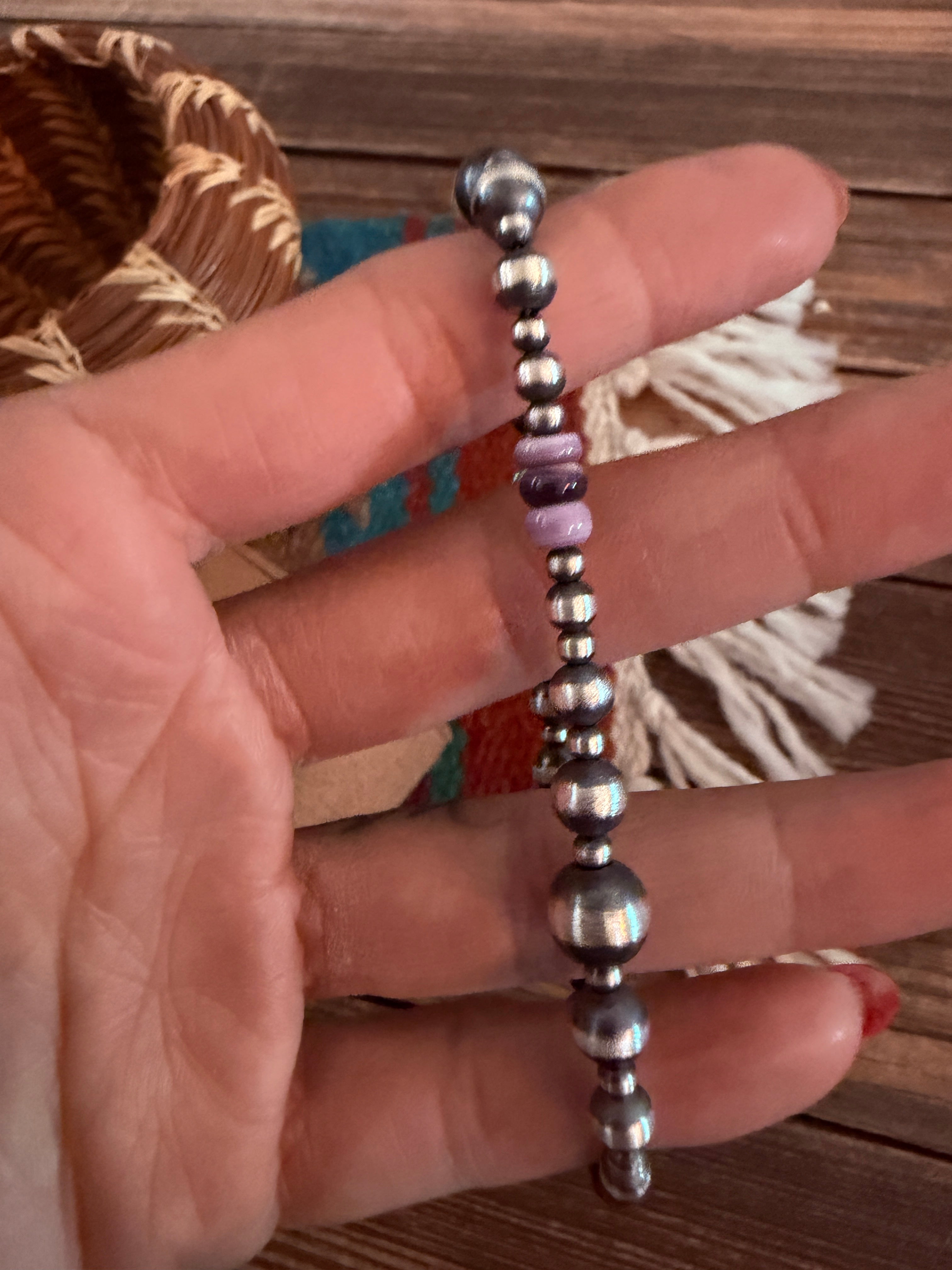 Handcrafted Wampum & Sterling Silver Pearl Beaded Bracelet