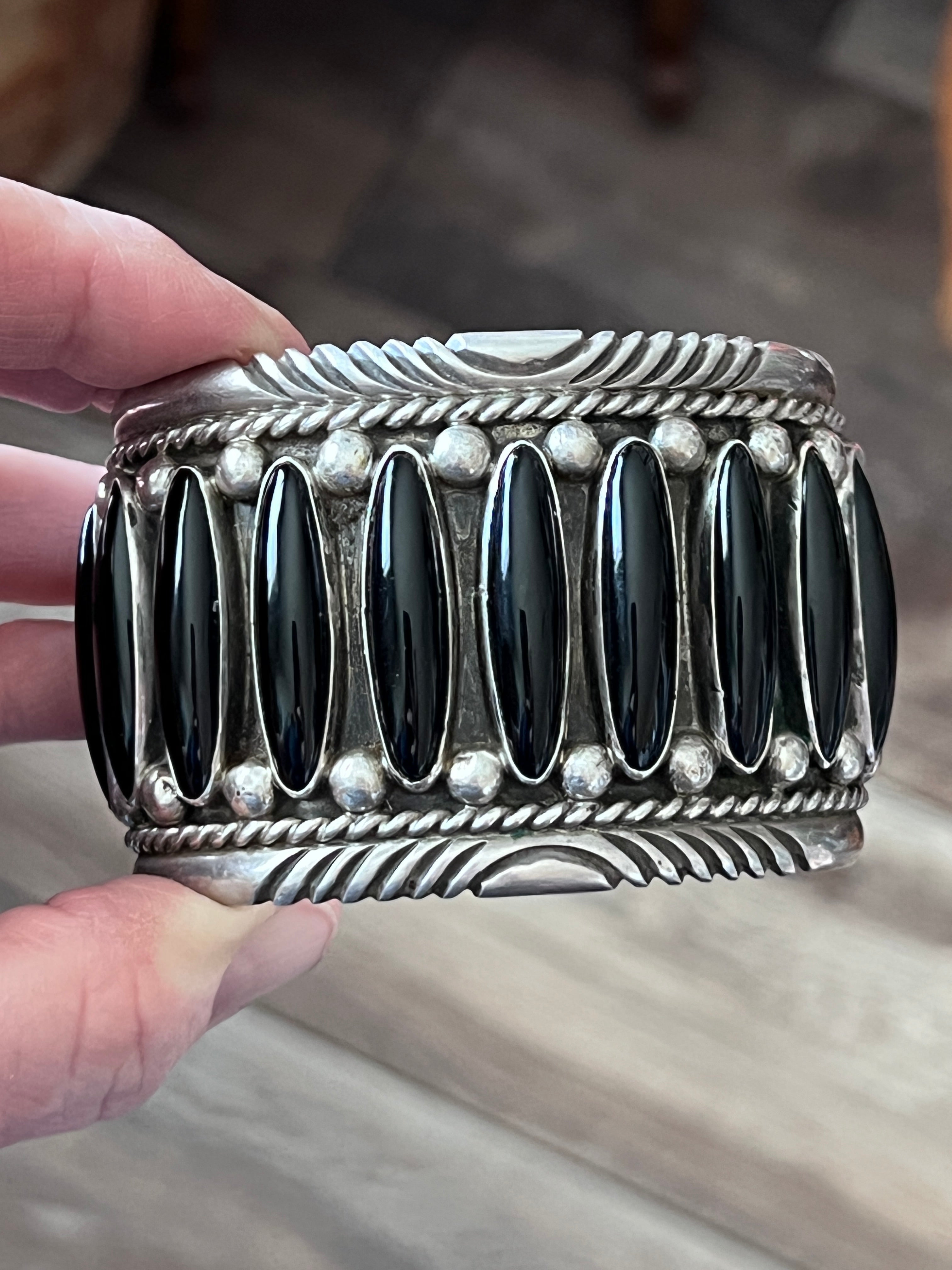 Old Pawn Sterling Silver and Black Onyx Cuff Bracelet by Tommy Moore