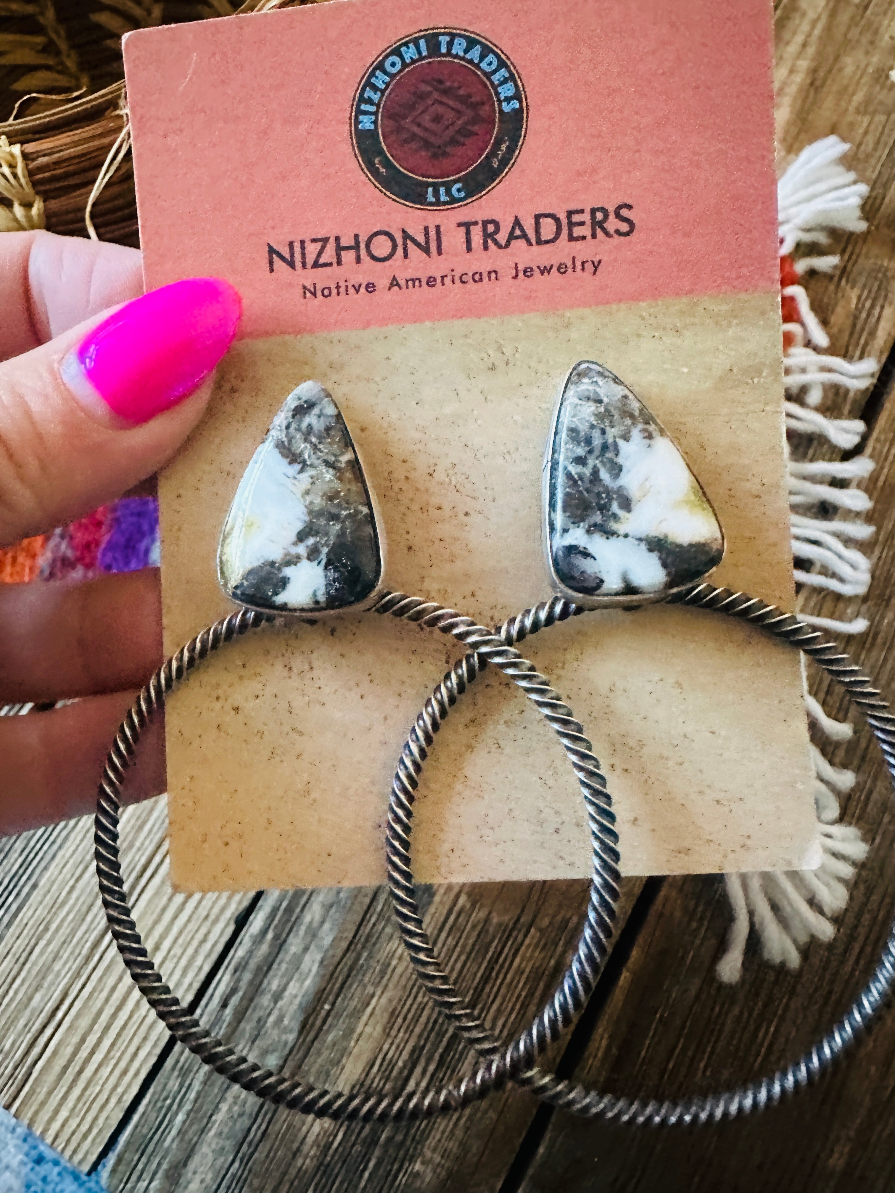 Handcrafted White Buffalo & Sterling Silver Dangle Hoop Earrings