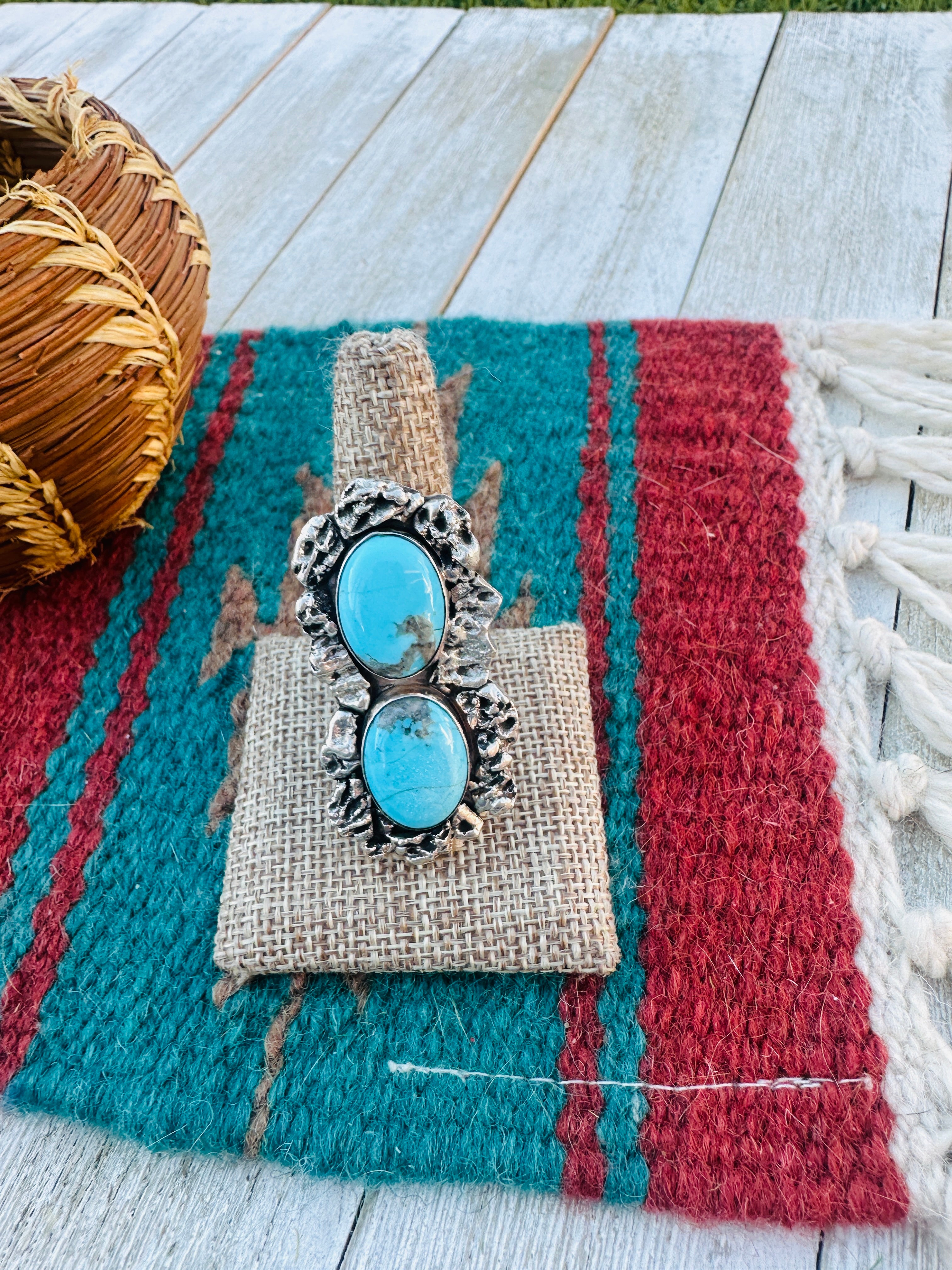 Old Pawn Handcrafted Turquoise & Sterling Silver Ring Size 10