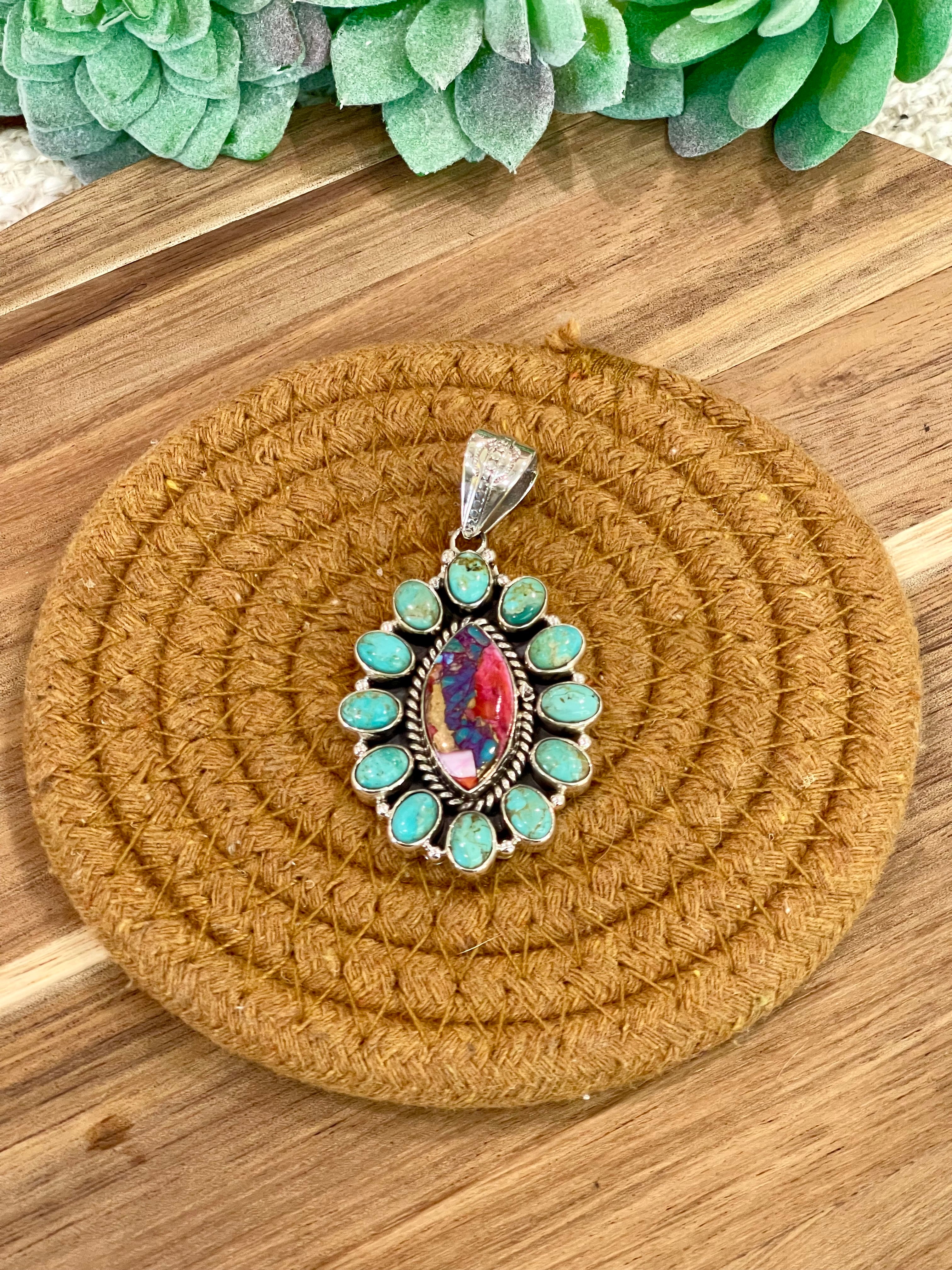 Handmade Sterling Silver,Turquoise & Pink Dream Mojave Cluster Pendant