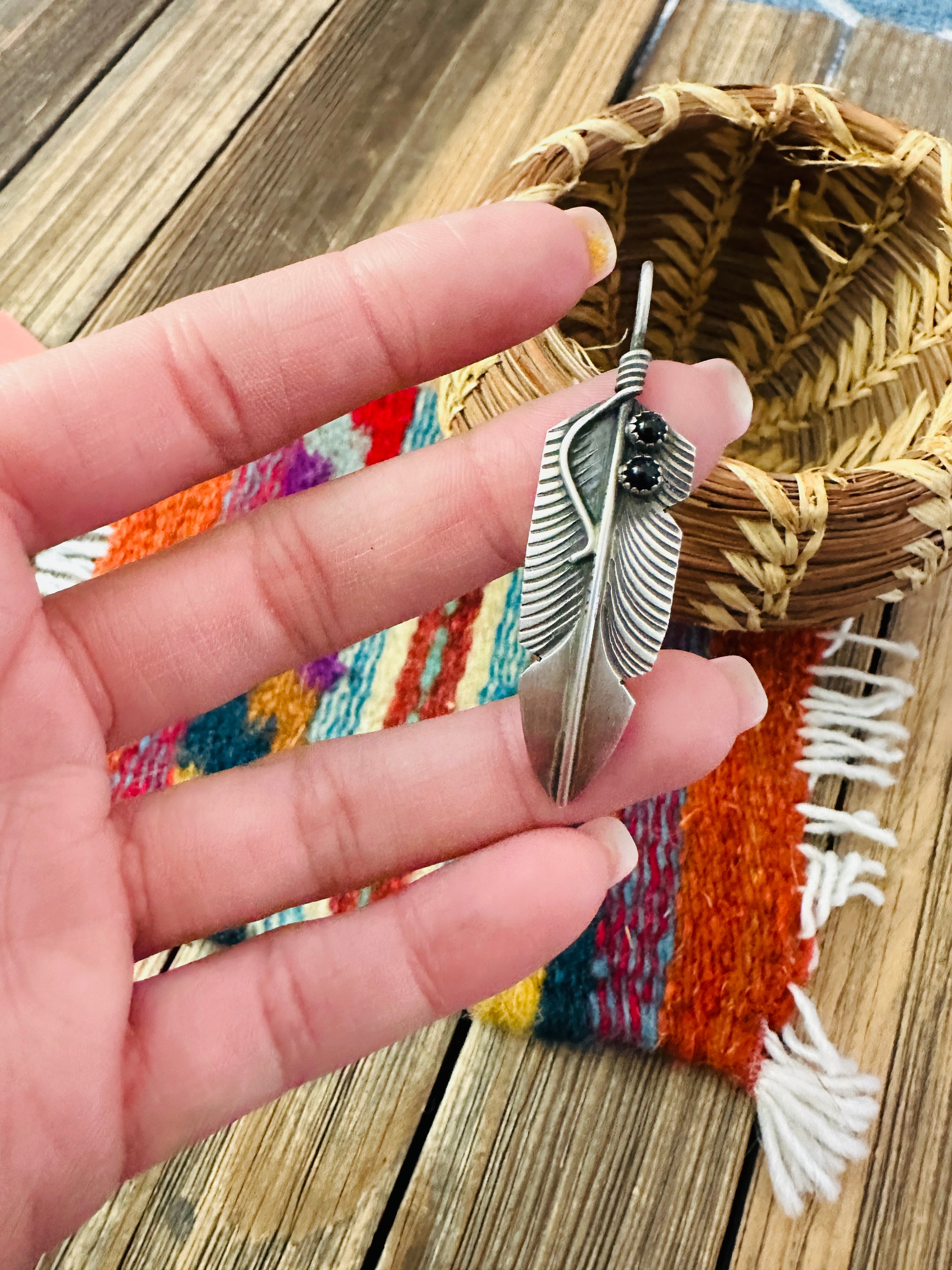 Handcrafted Sterling Silver and Onyx Feather Pendant