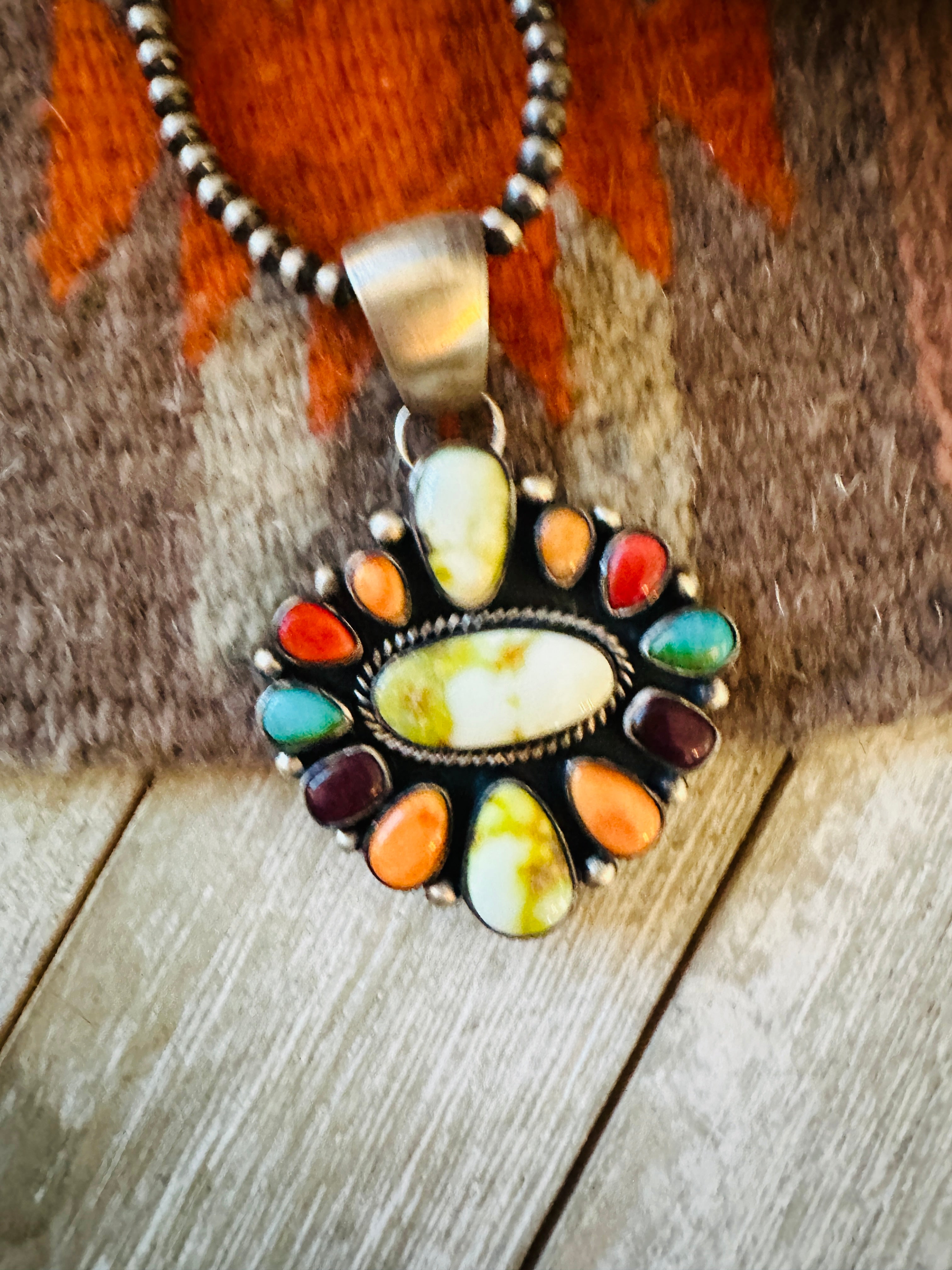 Handcrafted Electric Rainbow Turquoise, Spiny & Sterling Silver Cluster Pendant by Angela Martin