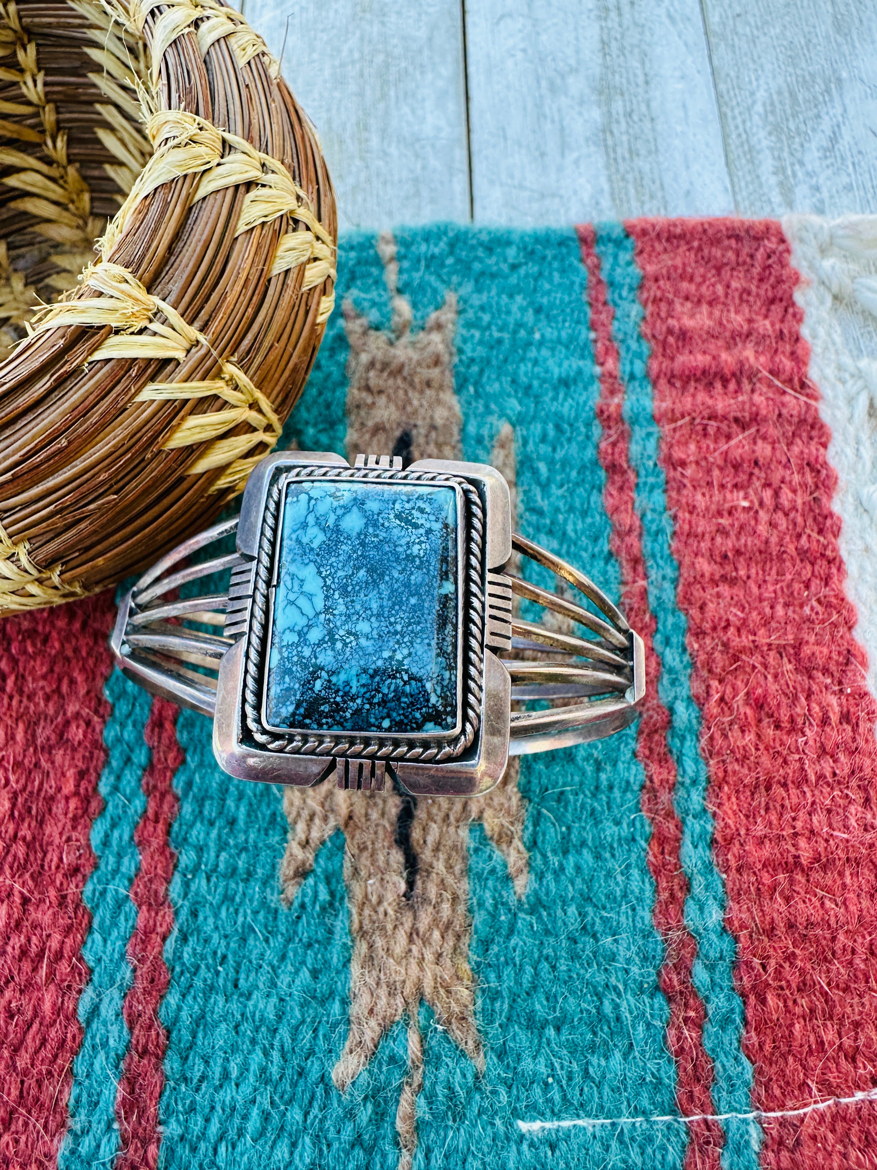 Handcrafted Old Pawn Sterling Silver & Kingman Web Turquoise Cuff Bracelet