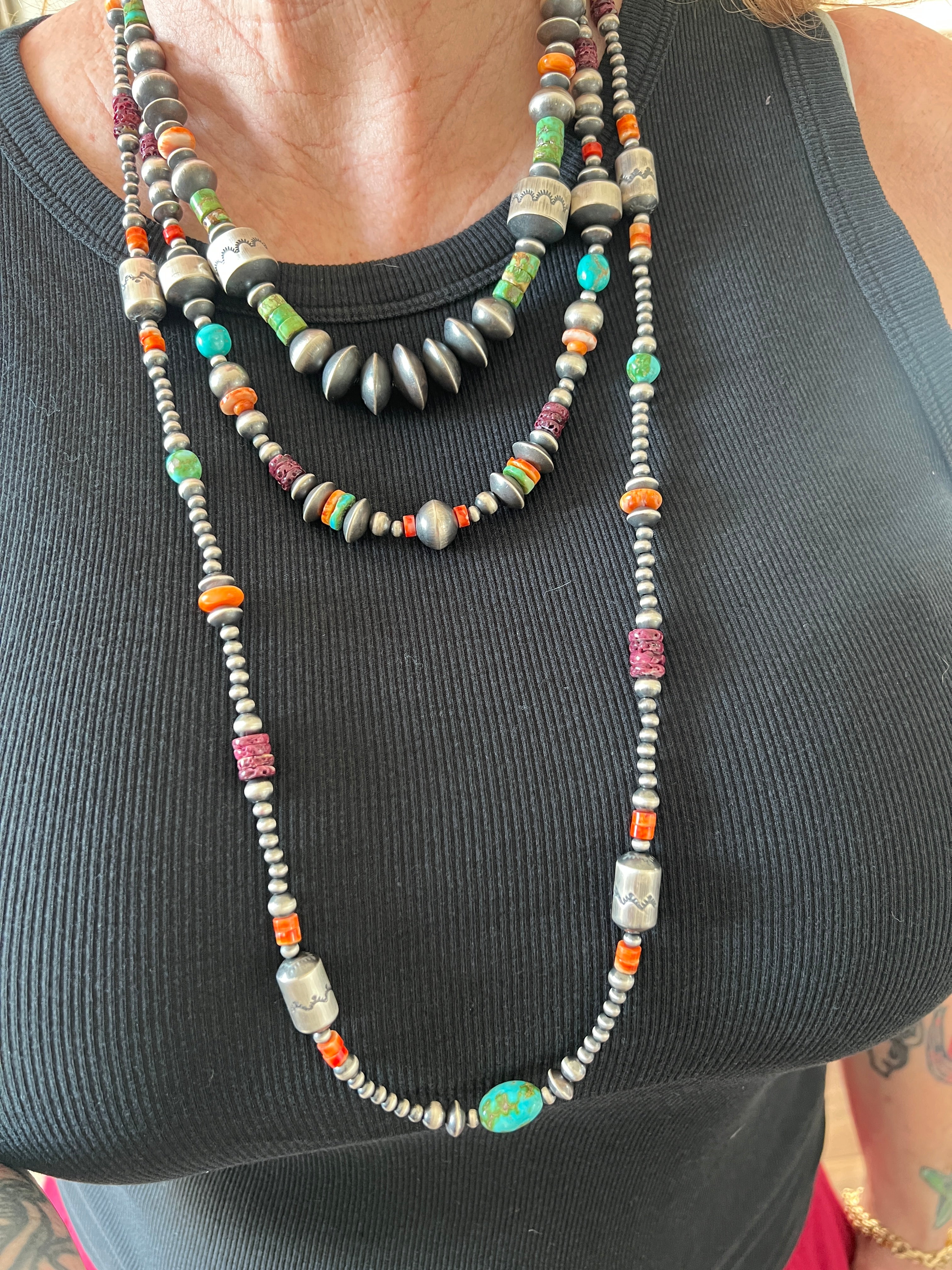 Handcrafted Made Electric Rainbow Sterling Silver, Turquoise and Spiny Oyster Single Strand Beaded Necklace by Rose Martin, X-tra Chunk, 18 + 2 Inches