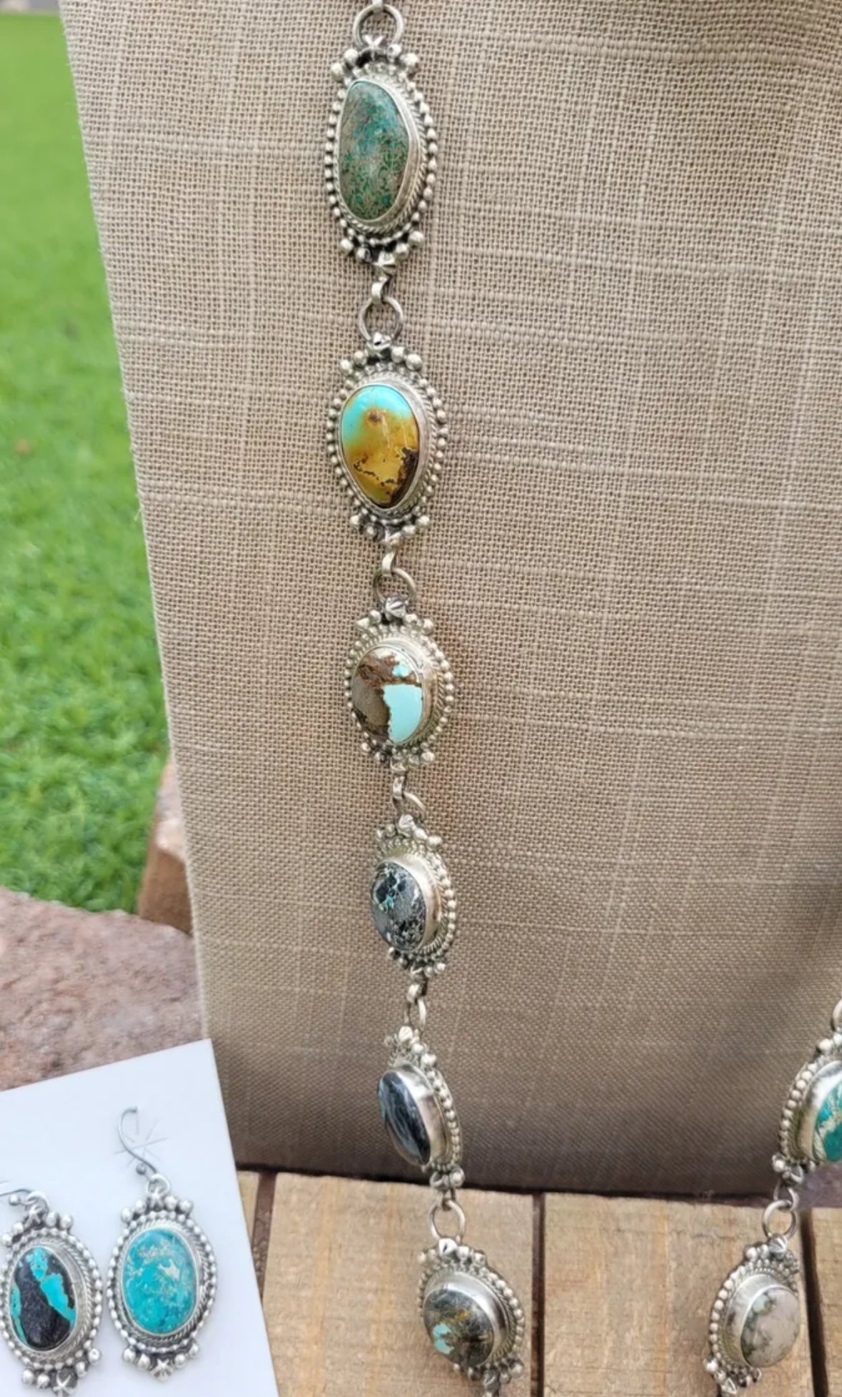 Navajo Sterling Silver & Multi Turquoise Lariat Necklace Set by Kee Johnson