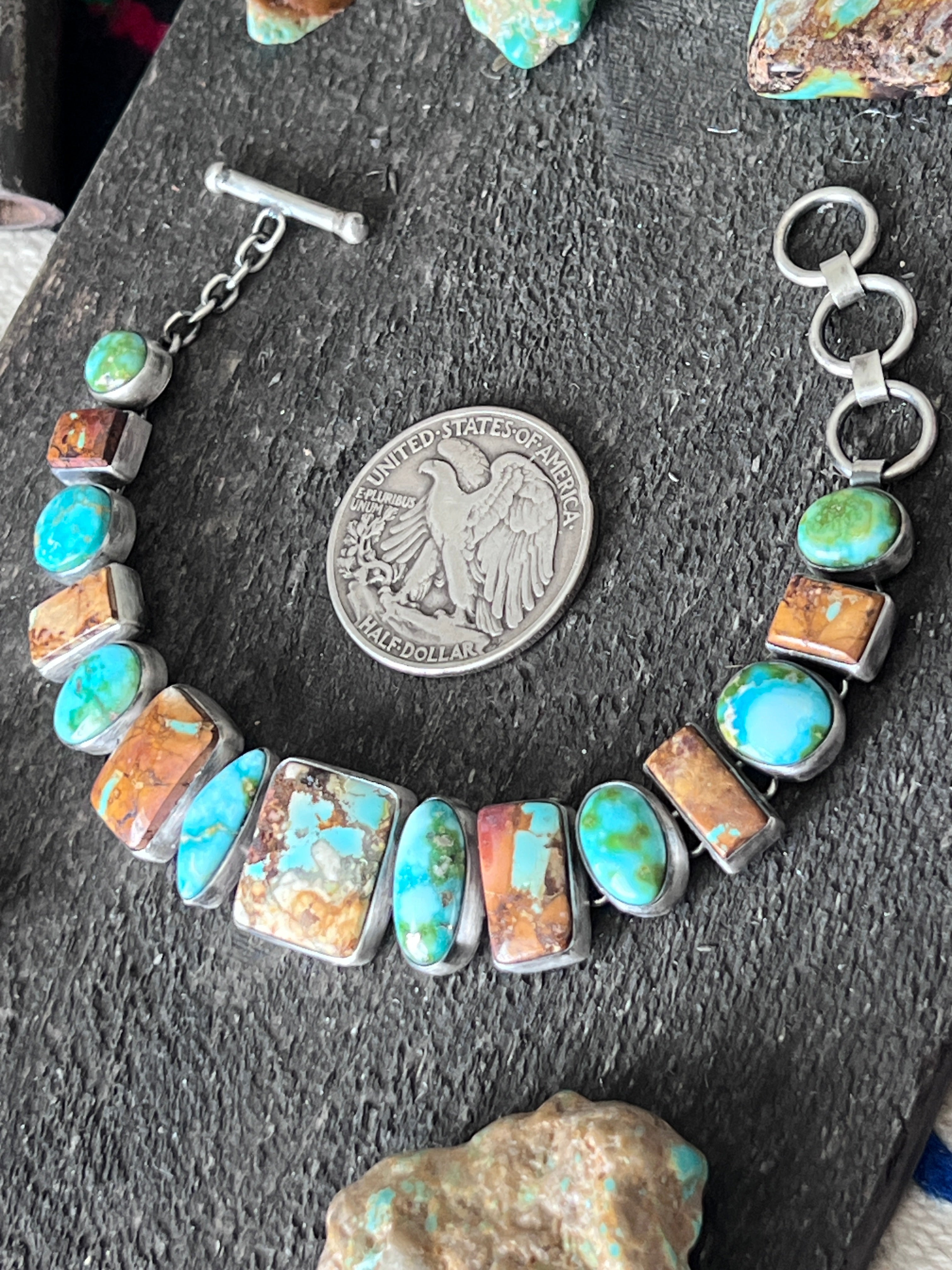 Loretta Delgarito Sterling Silver, Sonoran Mountain & Royston Ribbon Turquoise Link Bracelet