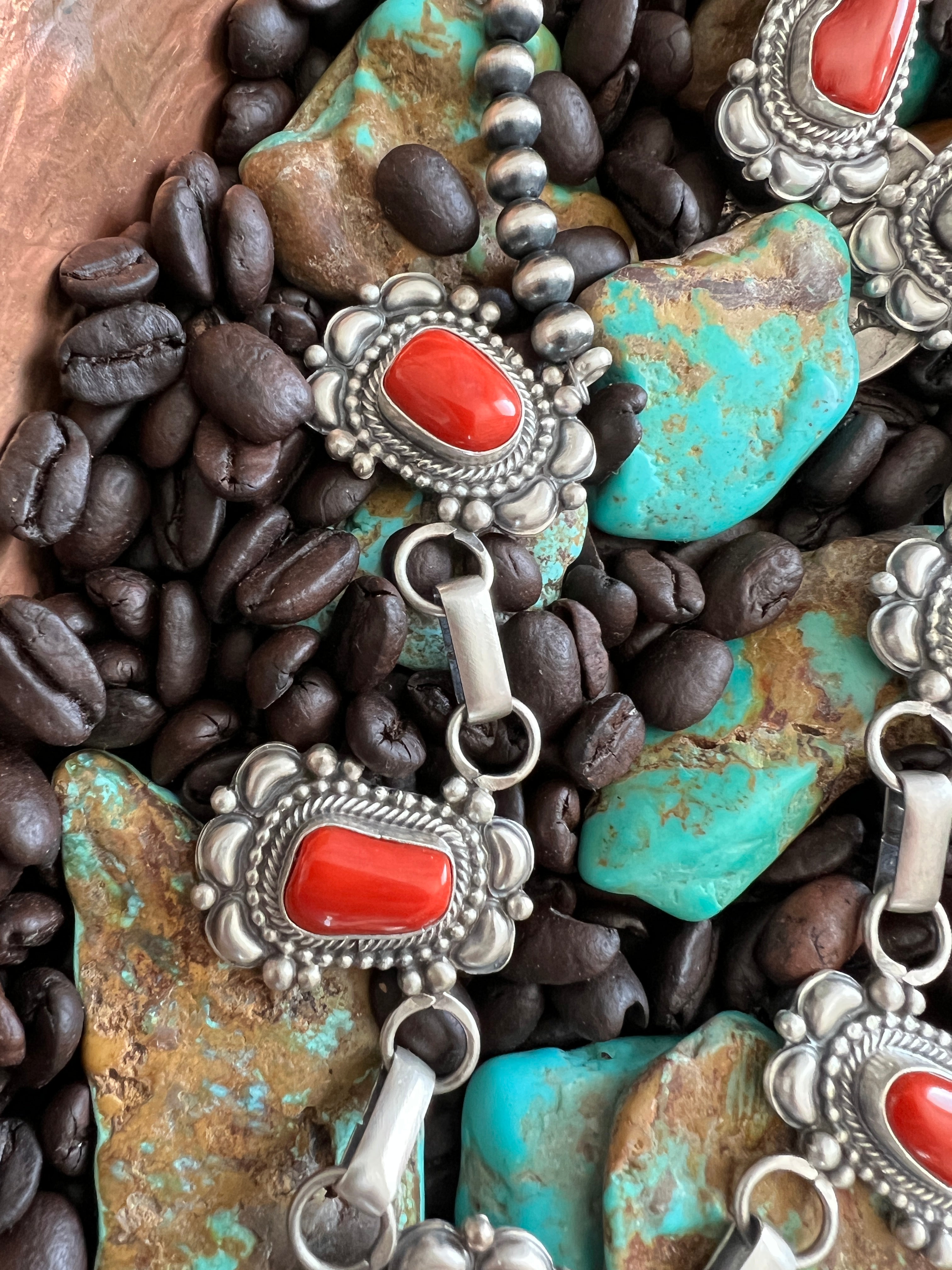 Navajo Sterling Silver, Mediterranean Coral and Sleeping Beauty Turquoise Necklace with Matching Earrings by Tom Lewis