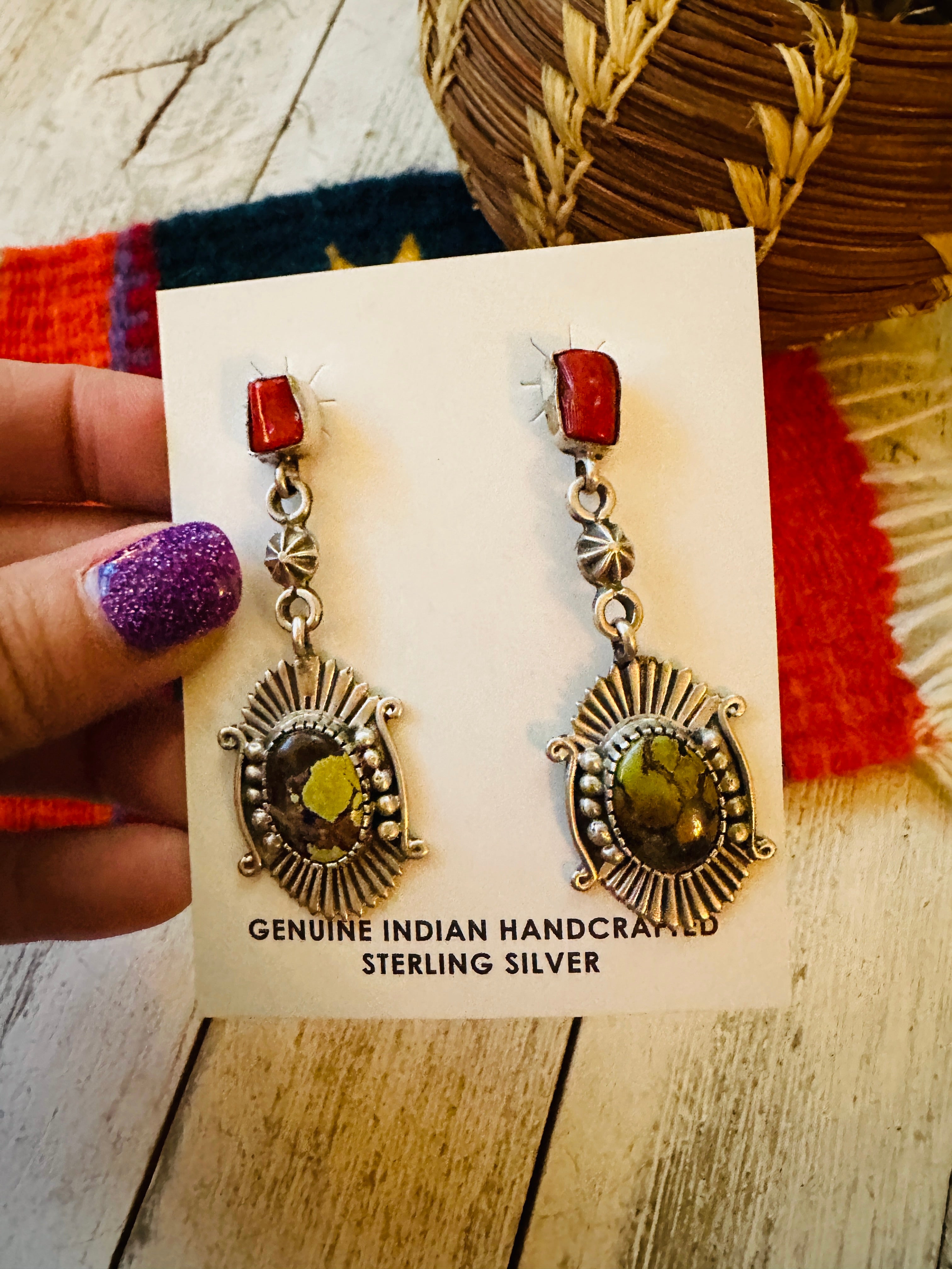 Navajo Tibetan Turquoise, Coral & Sterling Silver Dangle Earrings