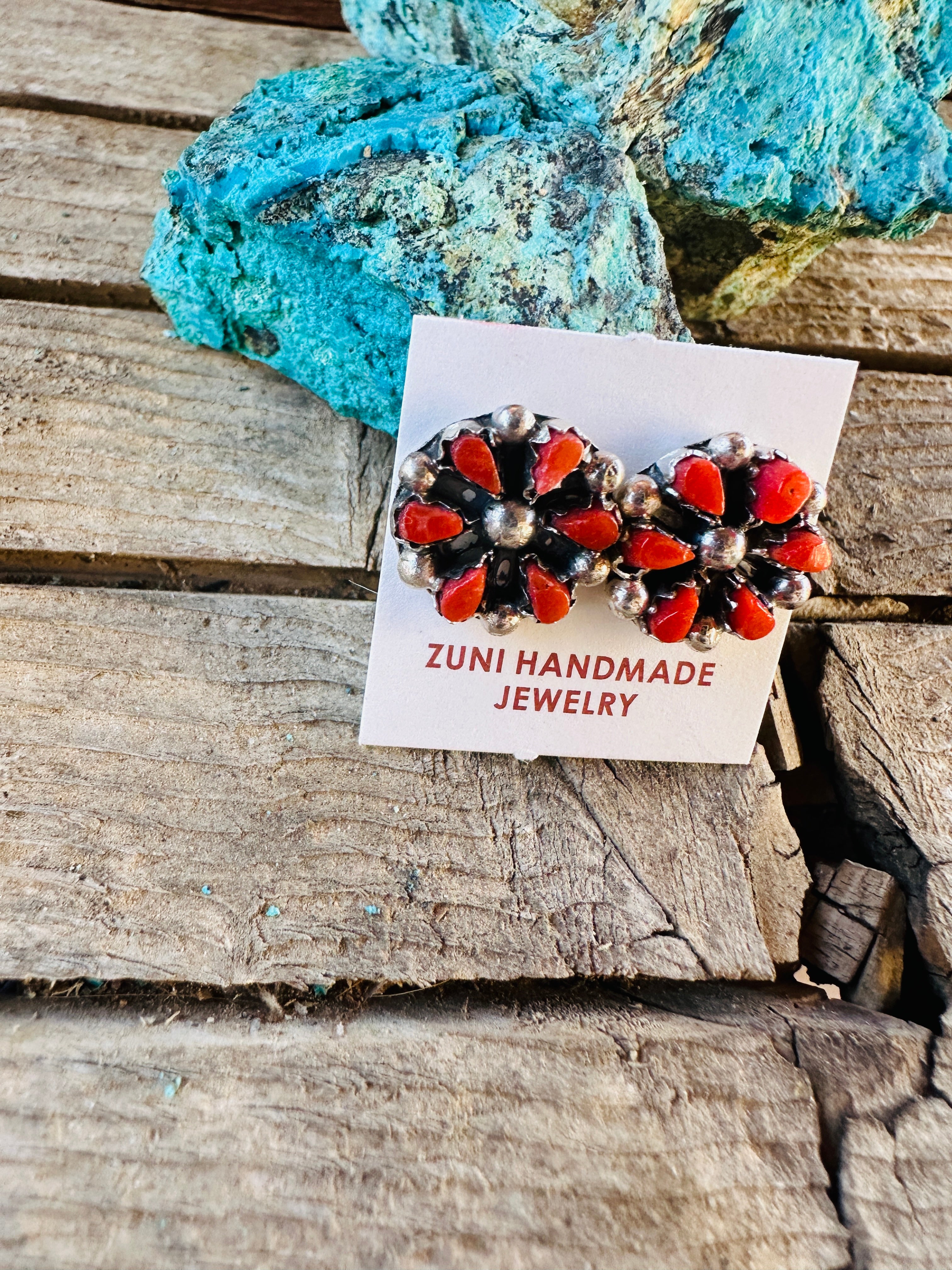 Handcrafted Sterling Silver & Coral Petit Point Stud Earrings