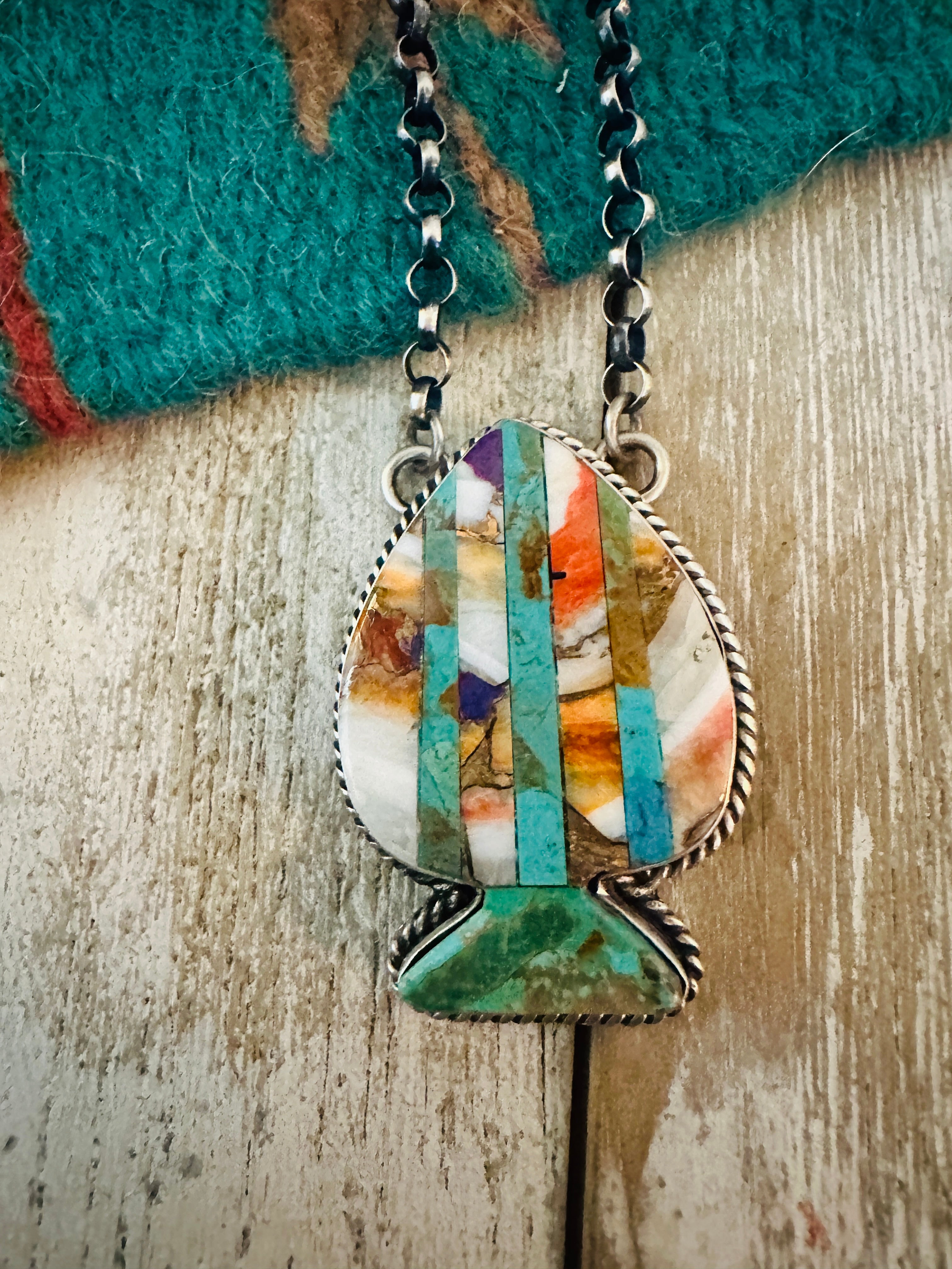 Navajo Sterling Silver & Multi Stone Inlay Spade Necklace