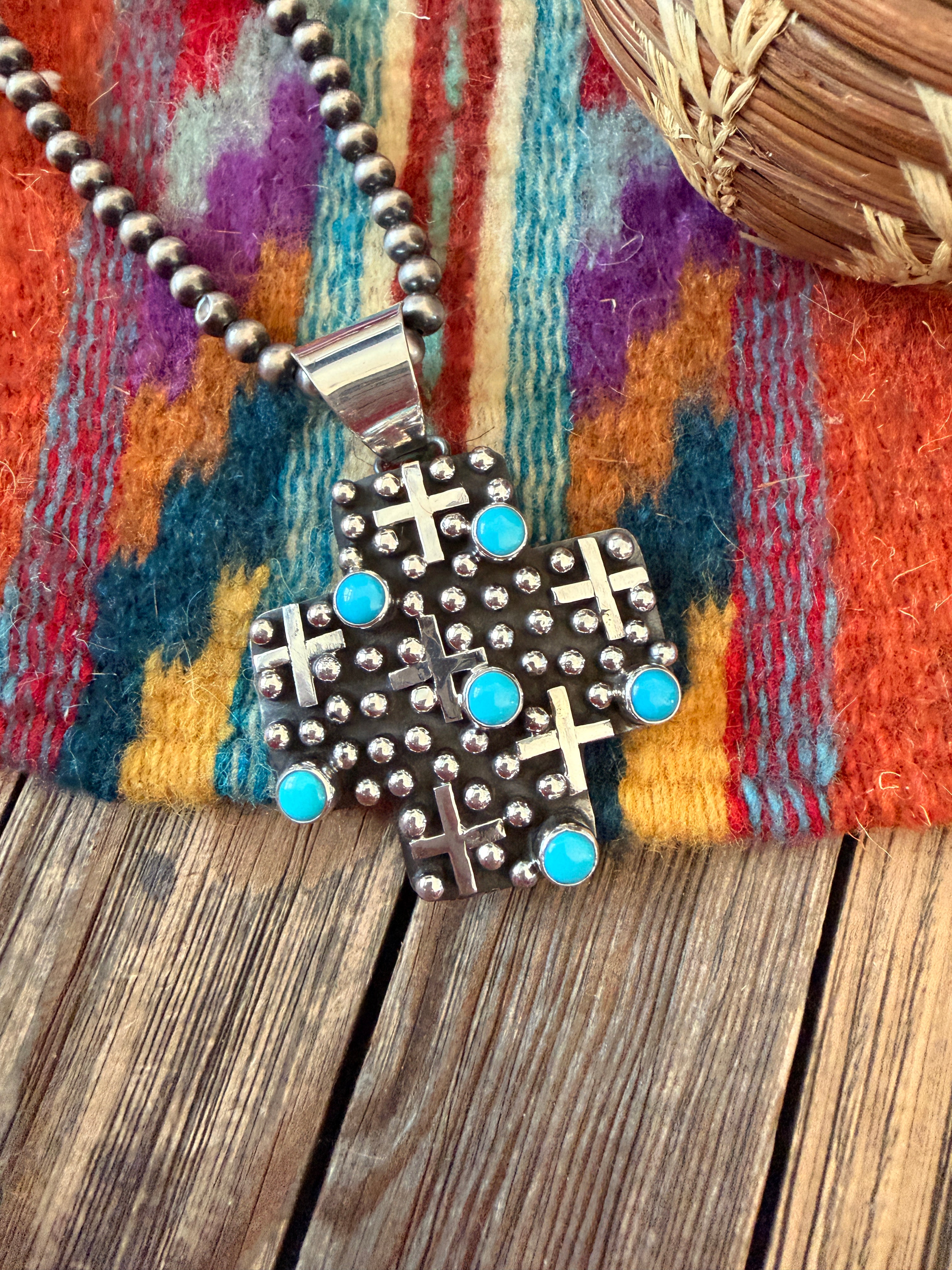 Handcrafted Turquoise & Sterling Silver Cross Pendant by Geneva Apachito