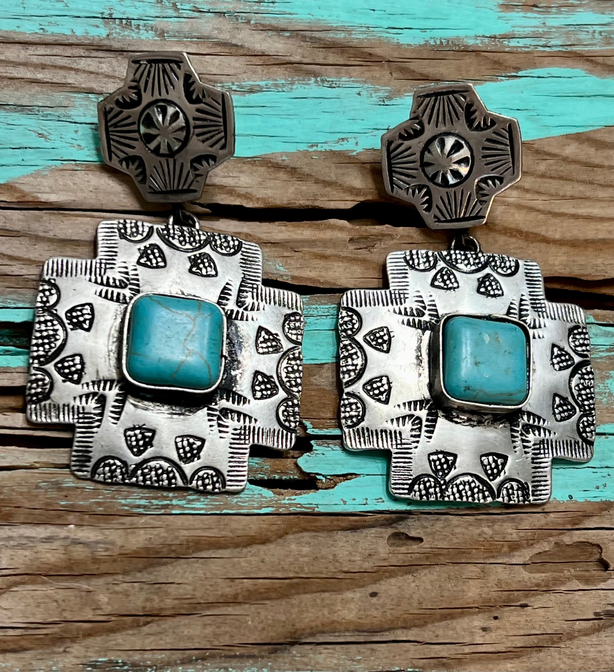 Silver-Plated Cross Engraved Earrings with Blue Accent