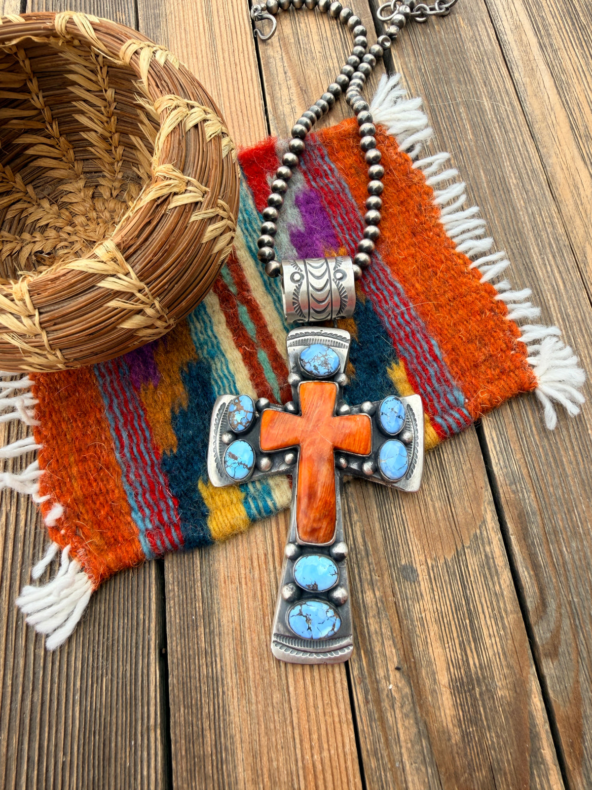 Handcrafted Turquoise, Spiny Oyster & Sterling Silver Cross Pendant by Chimney Butte