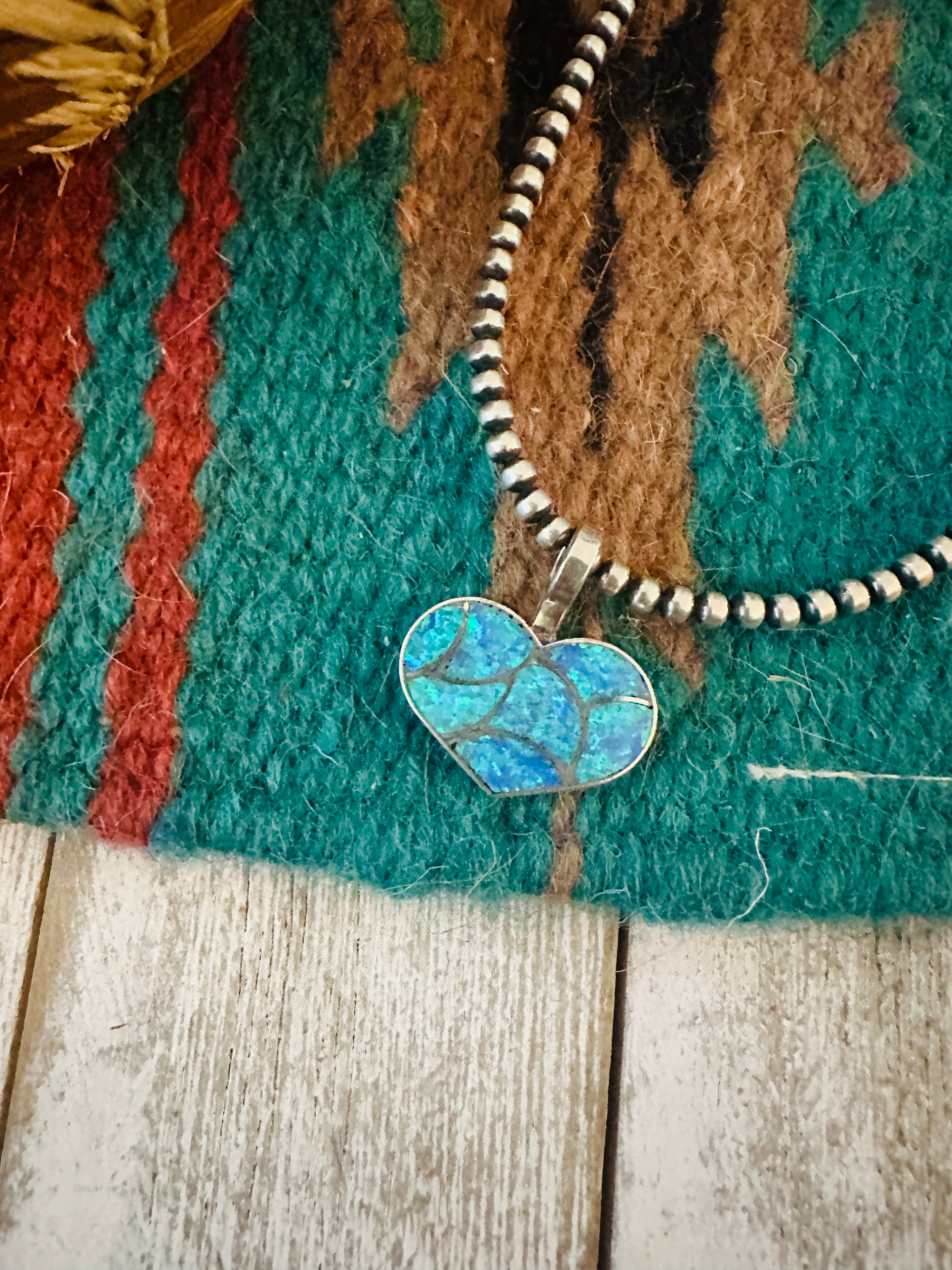Handcrafted Blue Opal & Sterling Silver Inlay Heart Pendant
