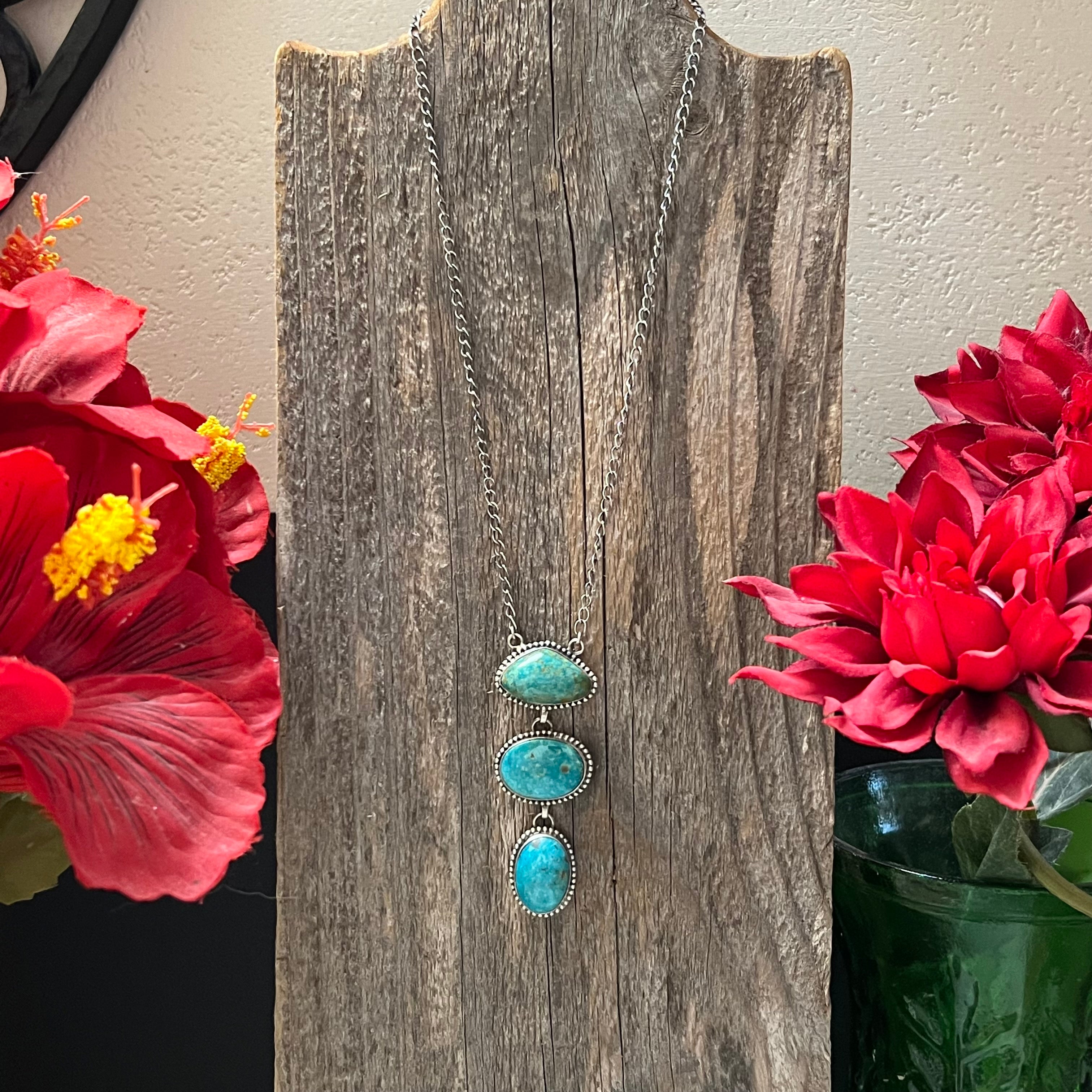 Handmade 3 Stone Turquoise & Sterling Silver Drop Necklace (01)