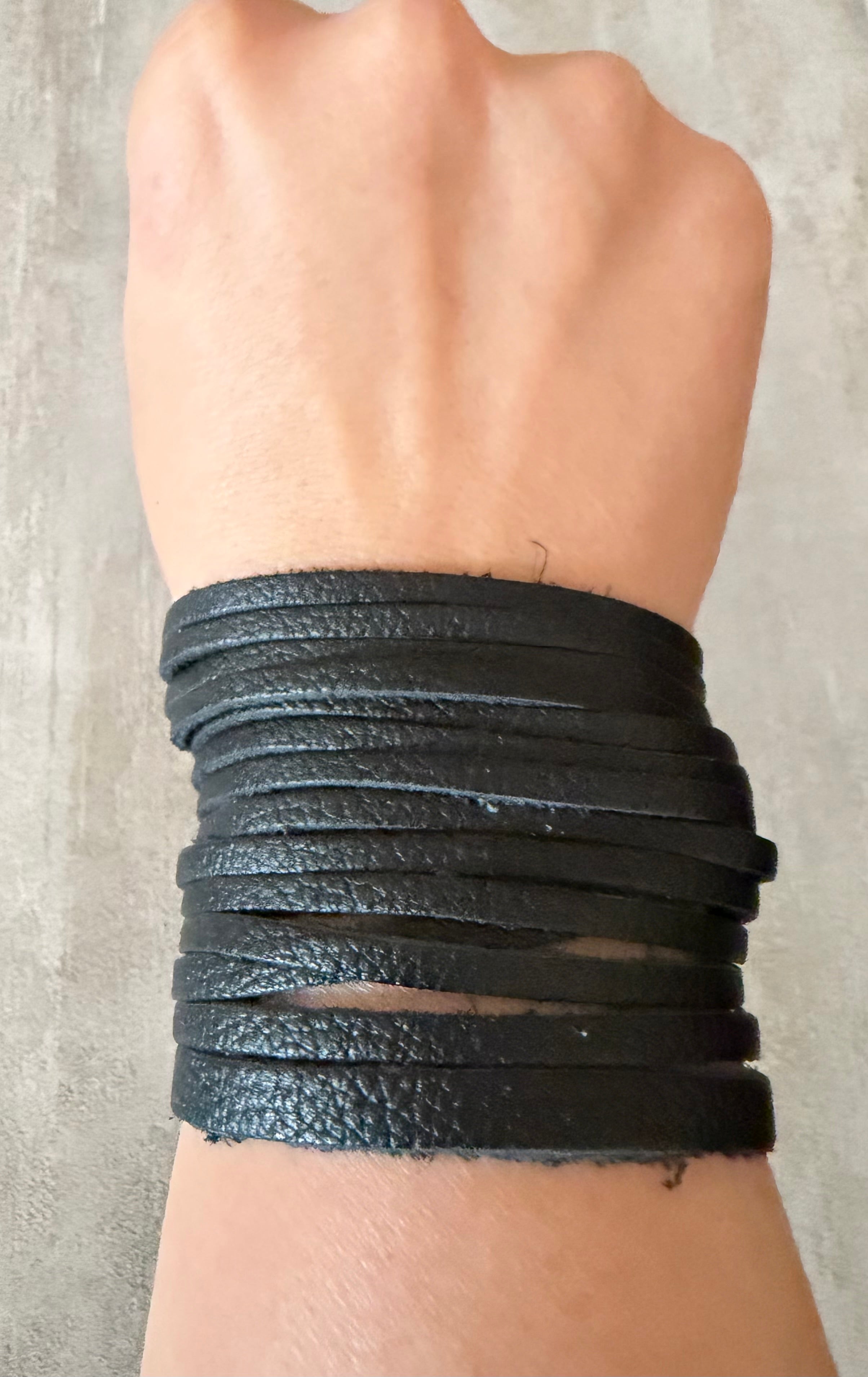 Genuine Boho 2" Black Leather Snap Cuff Bracelet