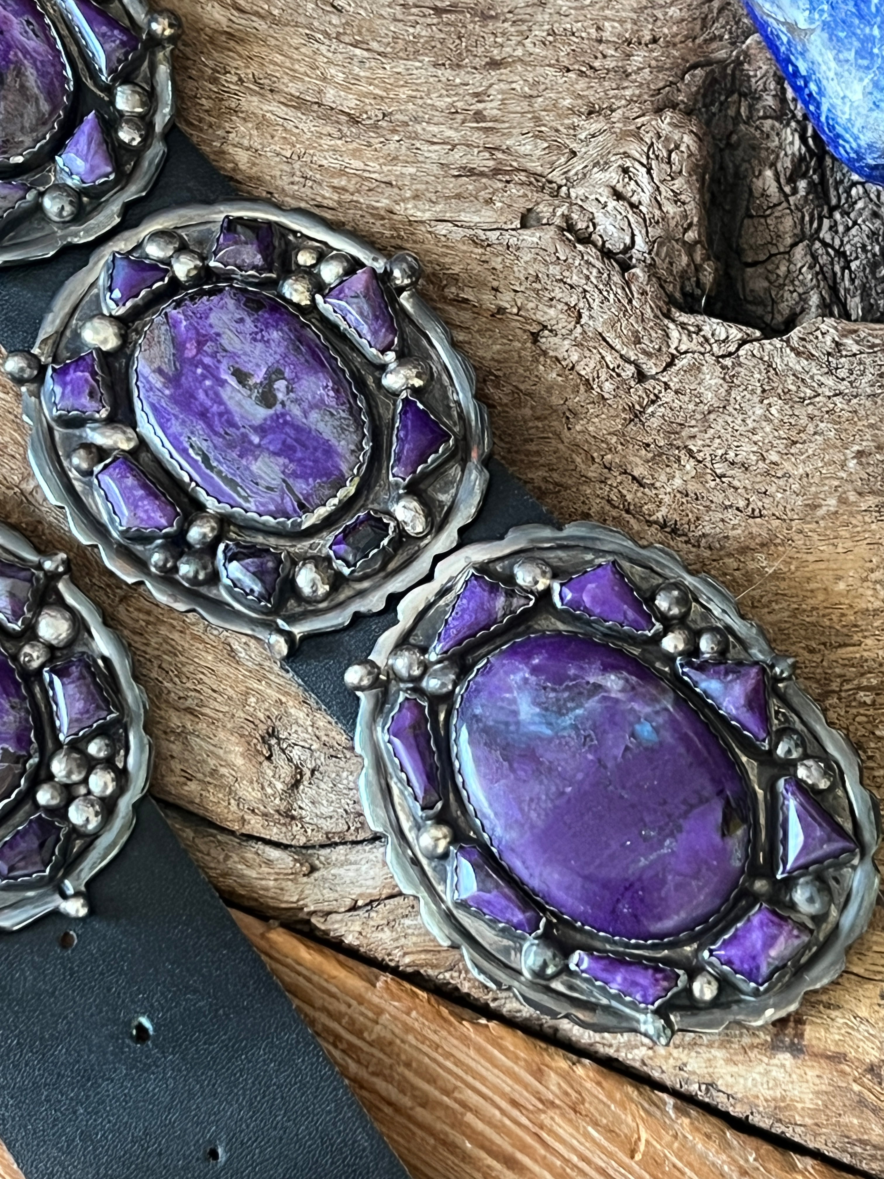 Gorgeous Old Pawn Handcrafted Sterling Silver and Purple Sodalite Concho Belt by Eric & Carol Fierro