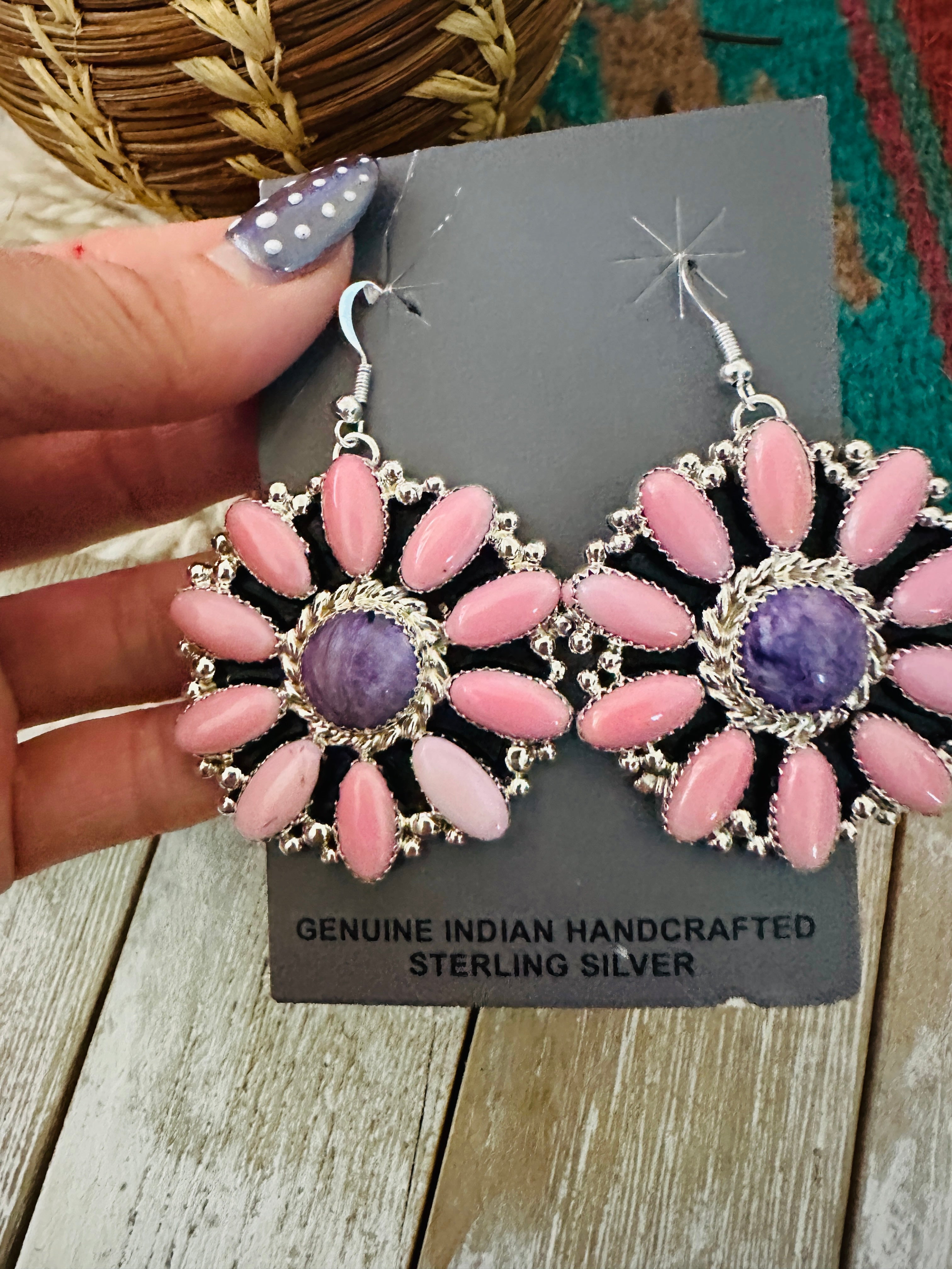 Handcrafted Queen Pink Conch, Charoite & Sterling Silver Cluster Dangle Earrings