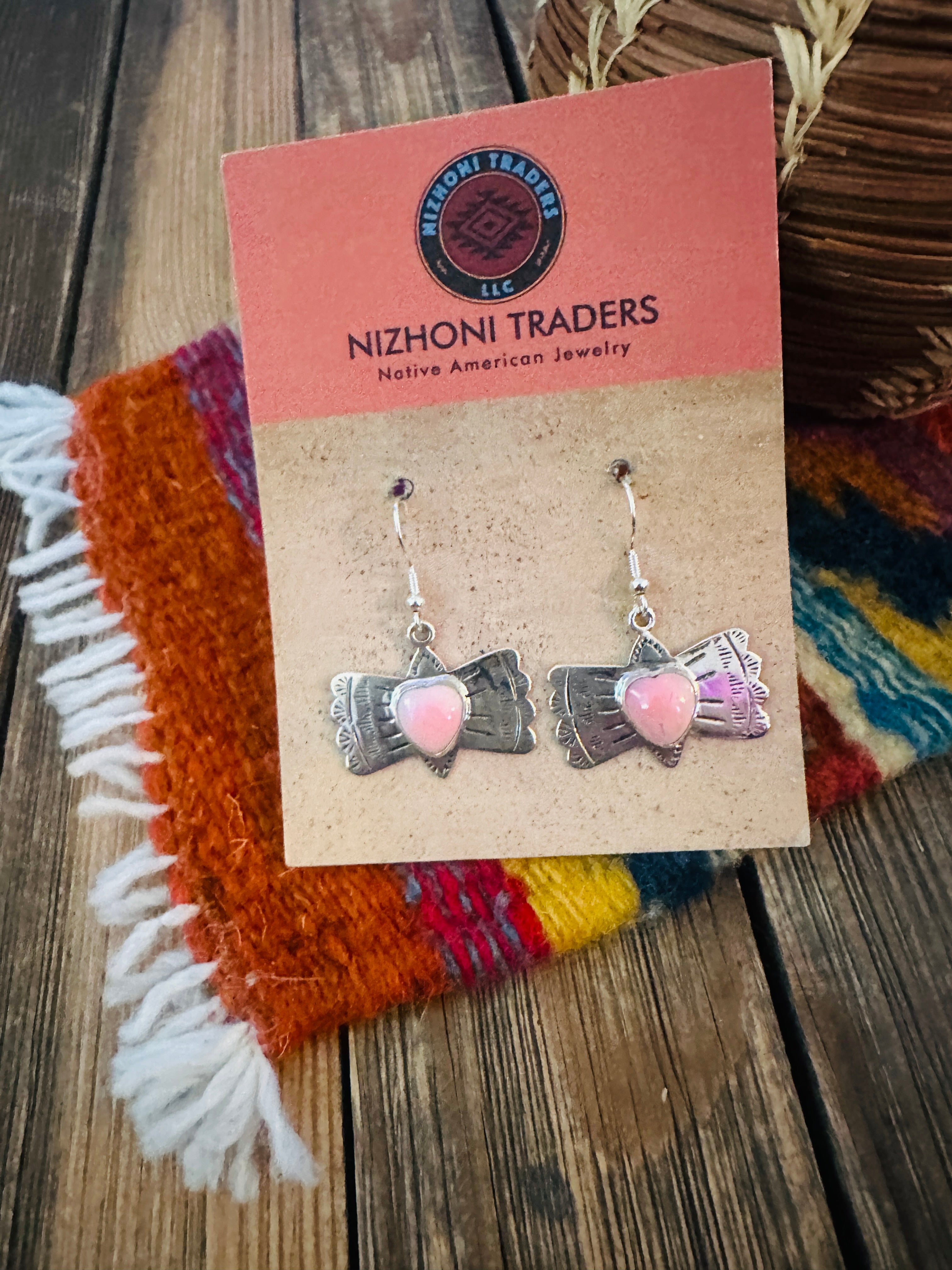 Handcrafted Queen Pink Conch & Sterling Silver Heart Dangle Earrings