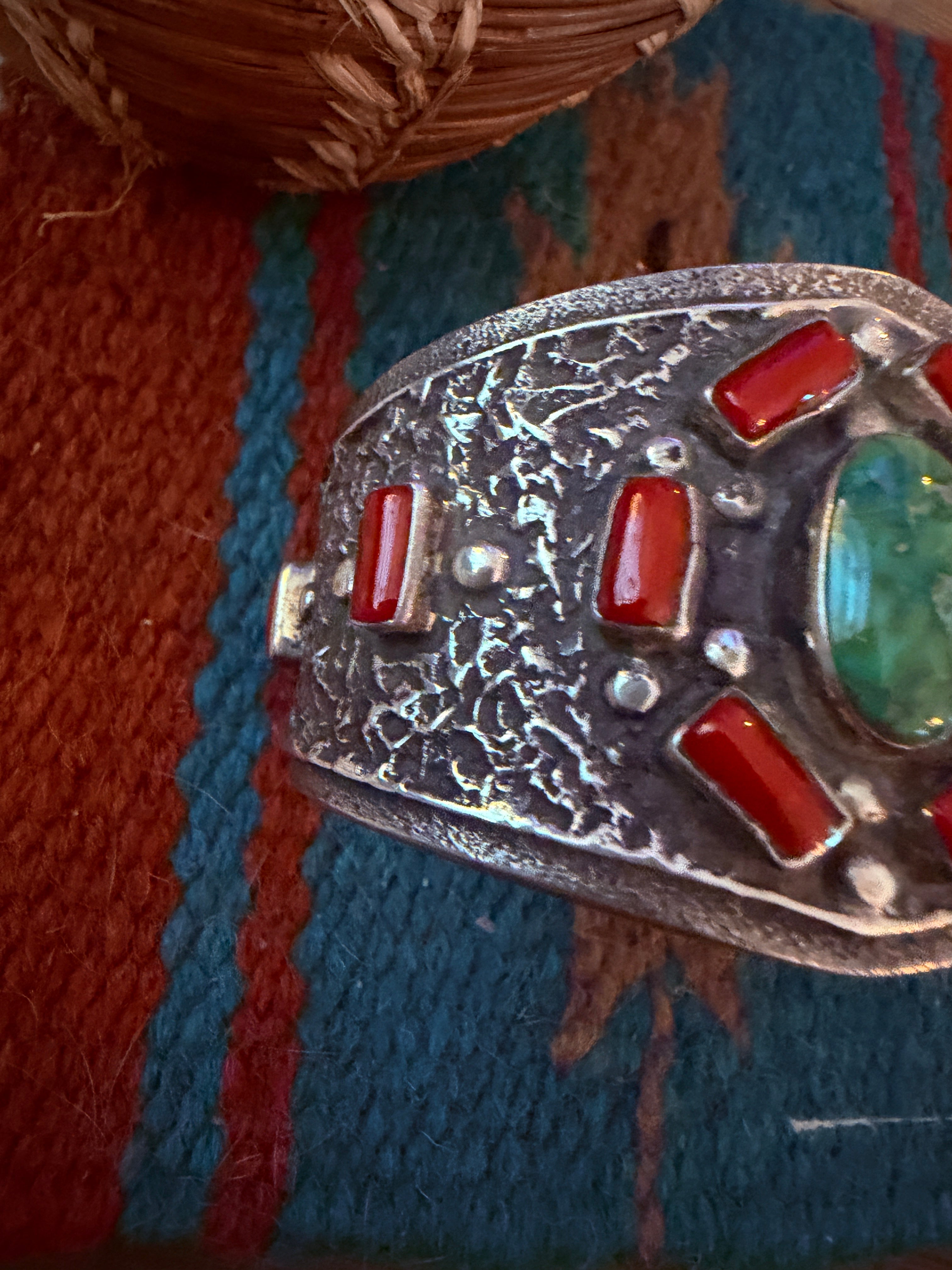 Handcrafted Turquoise, Coral & Sterling Silver Cuff Bracelet