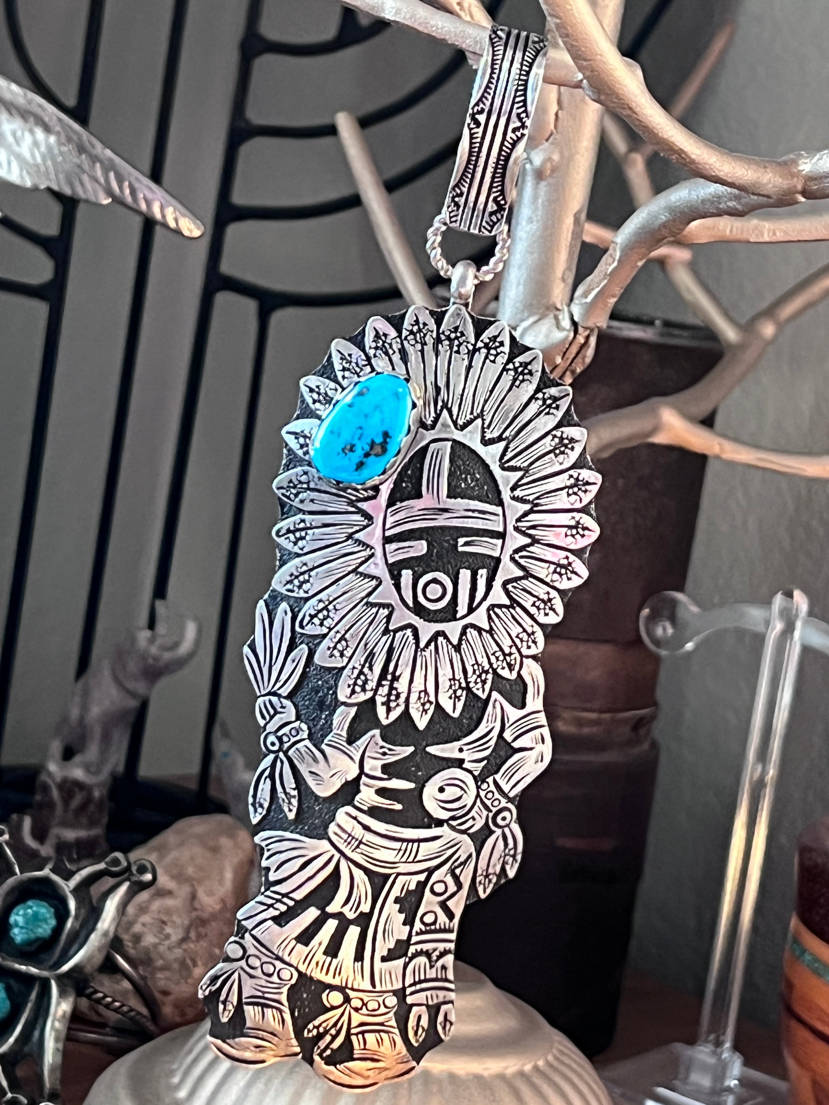 Richard Singer Sterling Silver Sun Dancer Kachina Pendant with Sleeping Beauty Turquoise