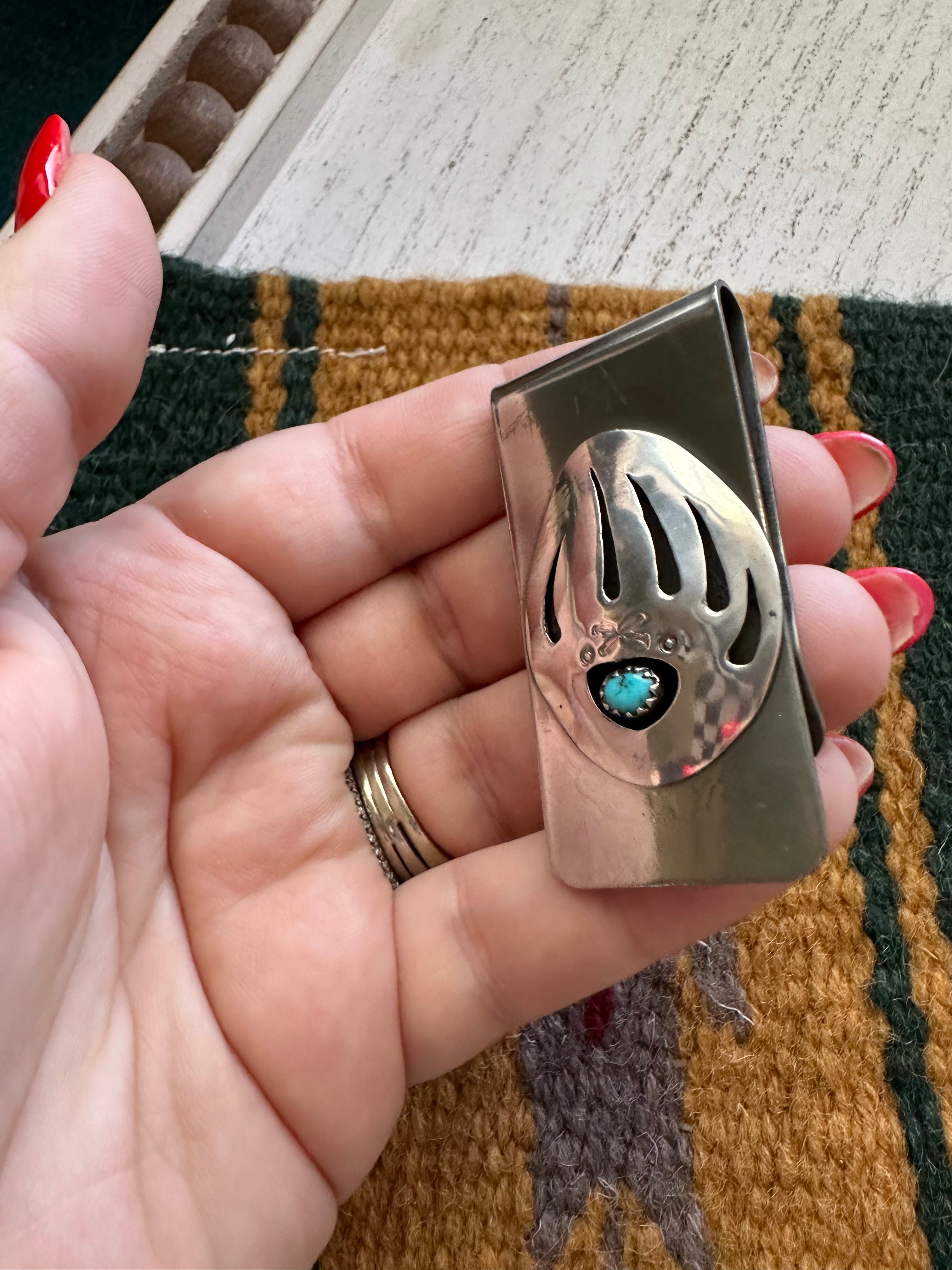 Handcrafted Turquoise & Sterling Silver Bear Paw Money Clip