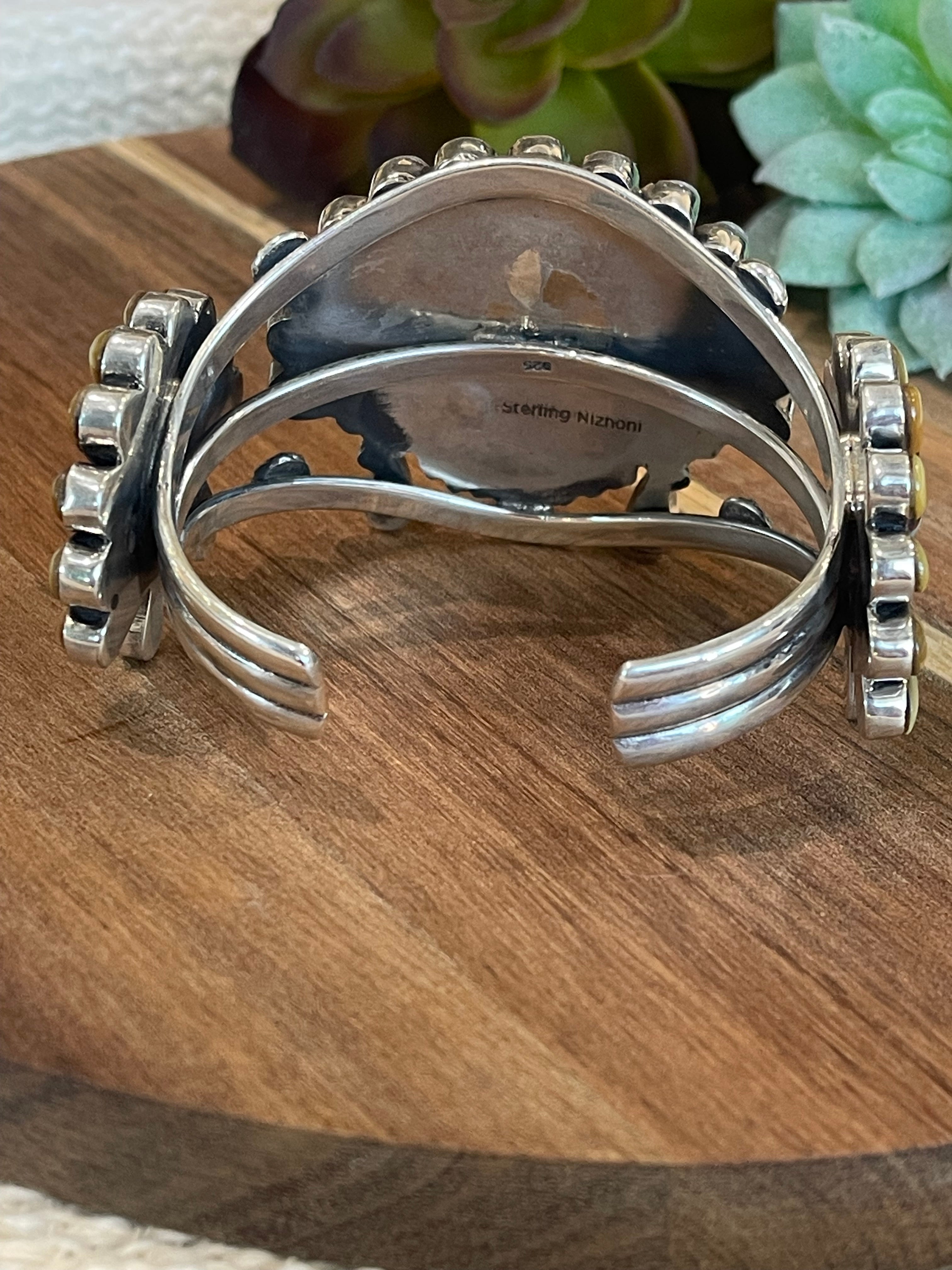 Handmade Sterling Silver & Multistone Sun Face Adjustable Cuff Bracelet /