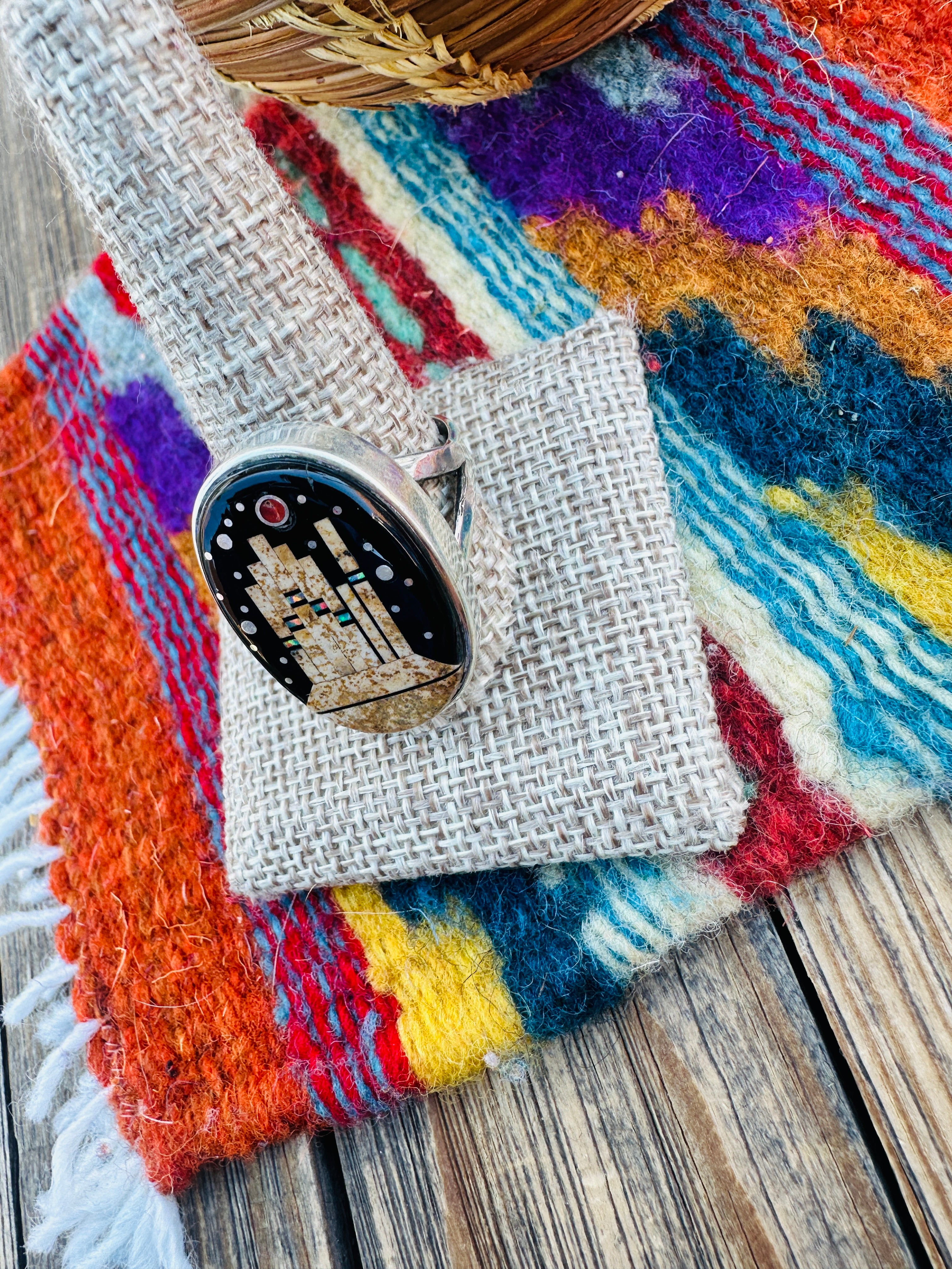 Handcrafted Multi Stone & Sterling Silver Inlay Adjustable Ring by Matthew Jack