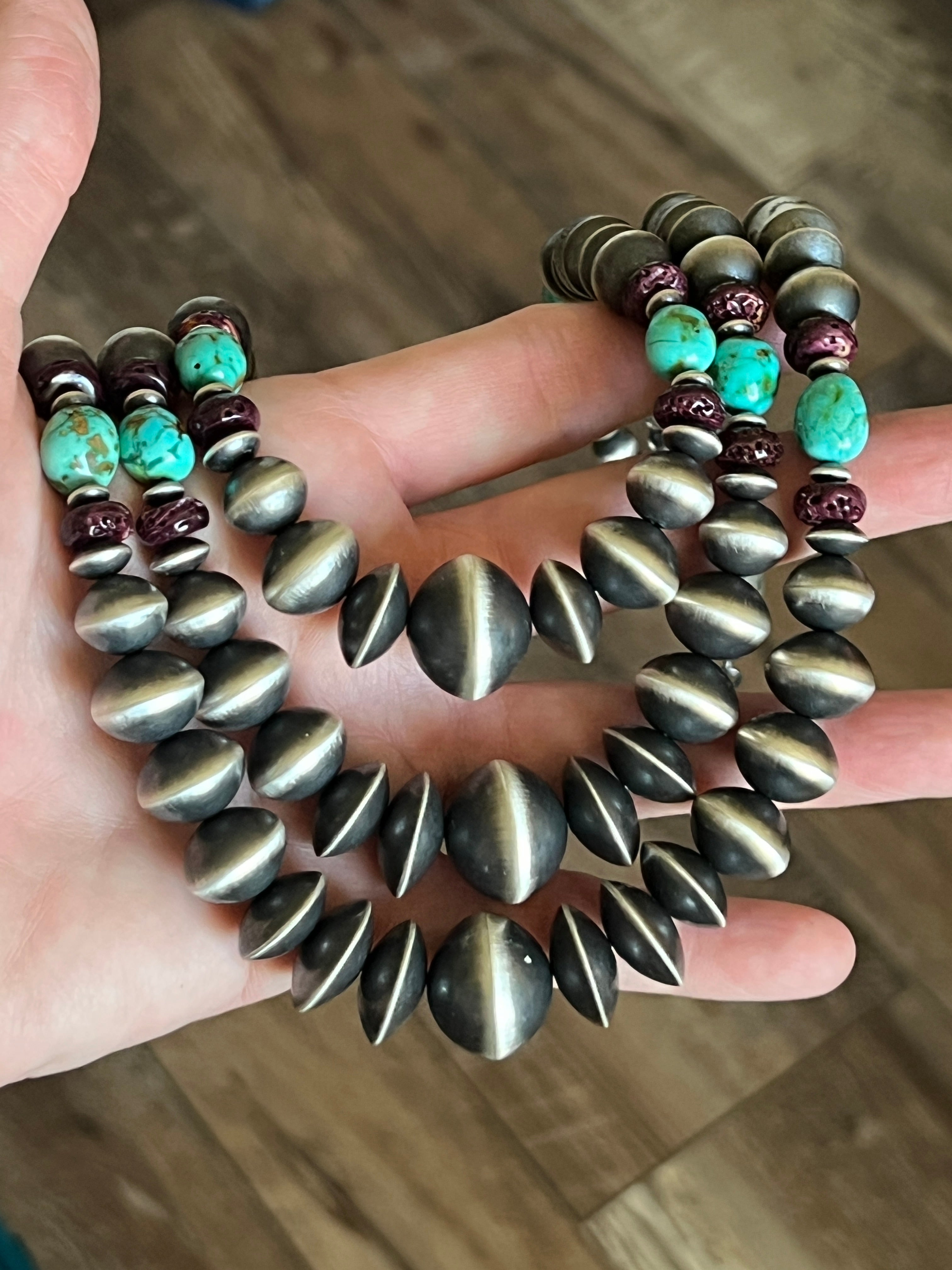 Rose Martin Handcrafted Triple Strand Sterling Silver, Purple Spiny Oyster and Kingman Turquoise Bead Necklace