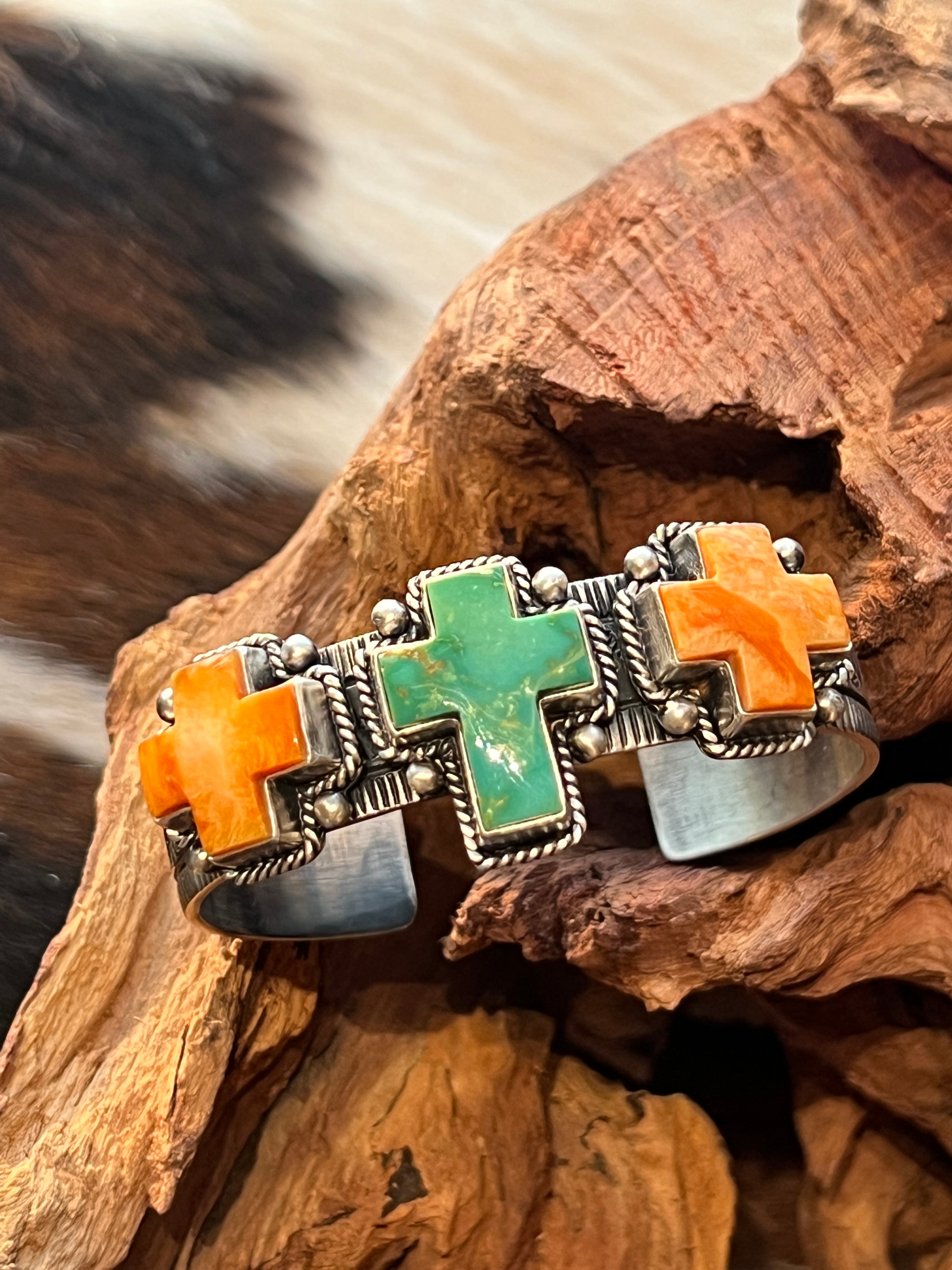 Handcrafted Hand Stamped Sterling Silver, Kingman Turquoise and Spiny Oyster Cross Cuff Bracelet by Bernyse Chavez