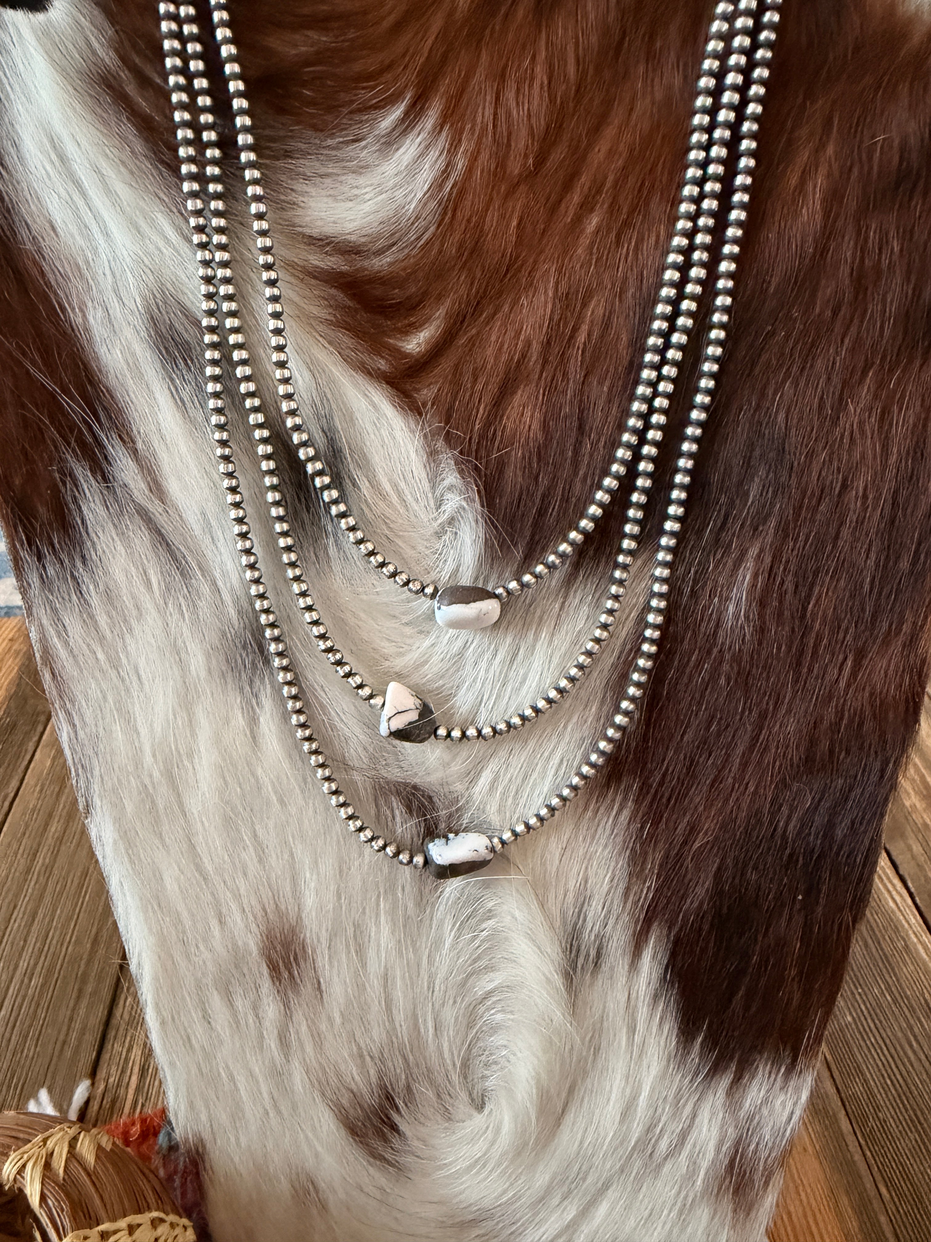 Handcrafted White Buffalo & 3mm Sterling Silver Pearl Beaded Necklace