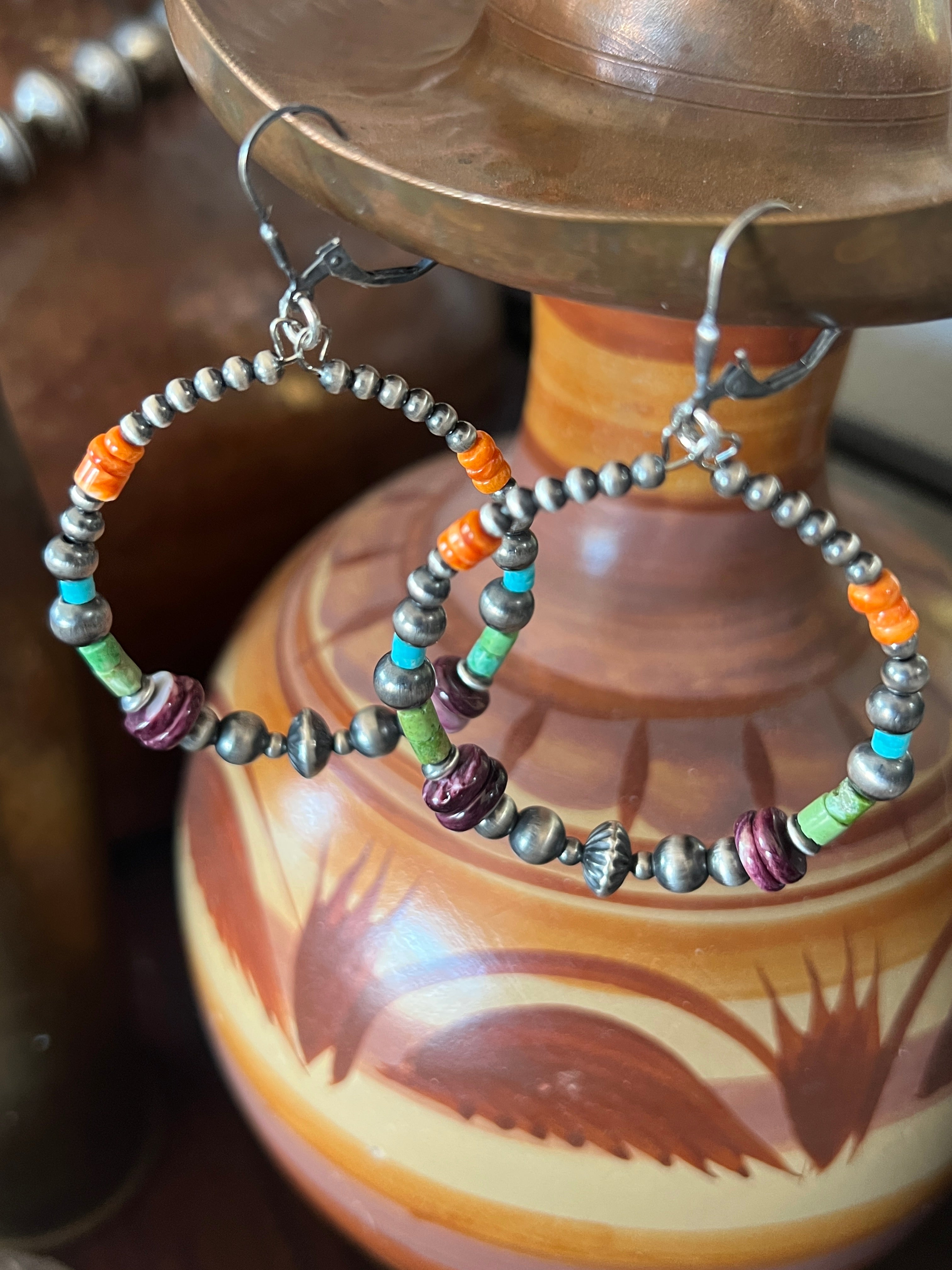 Handcrafted Electric Rainbow 2 Inch Sterling Silver, Turquoise & Spiny Oyster Beaded Hoop Earrings, Leverback