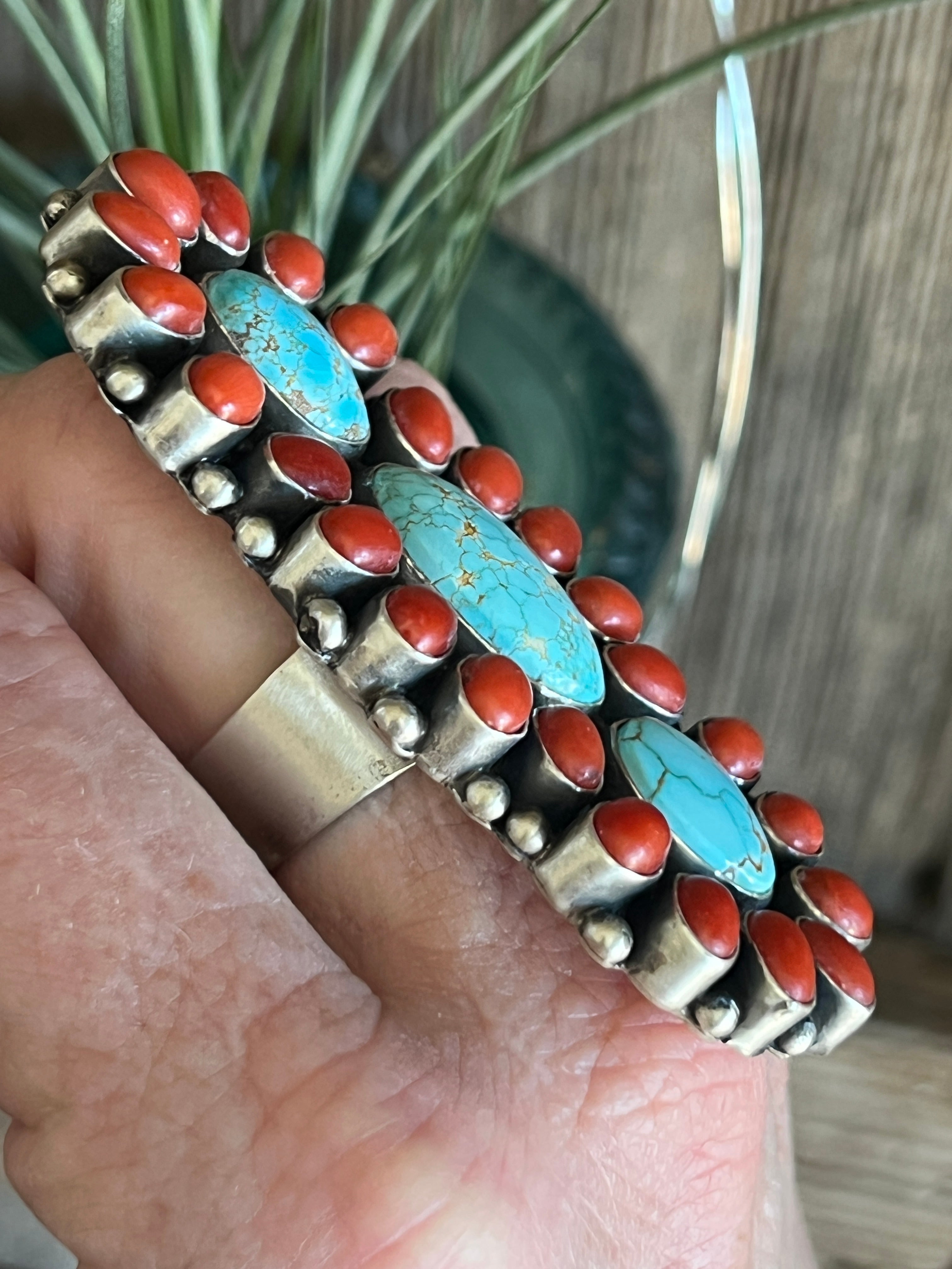 Handcrafted Sterling Silver, Coral and Number 8 Turquoise Ring by Darrin Livingston, Size 9