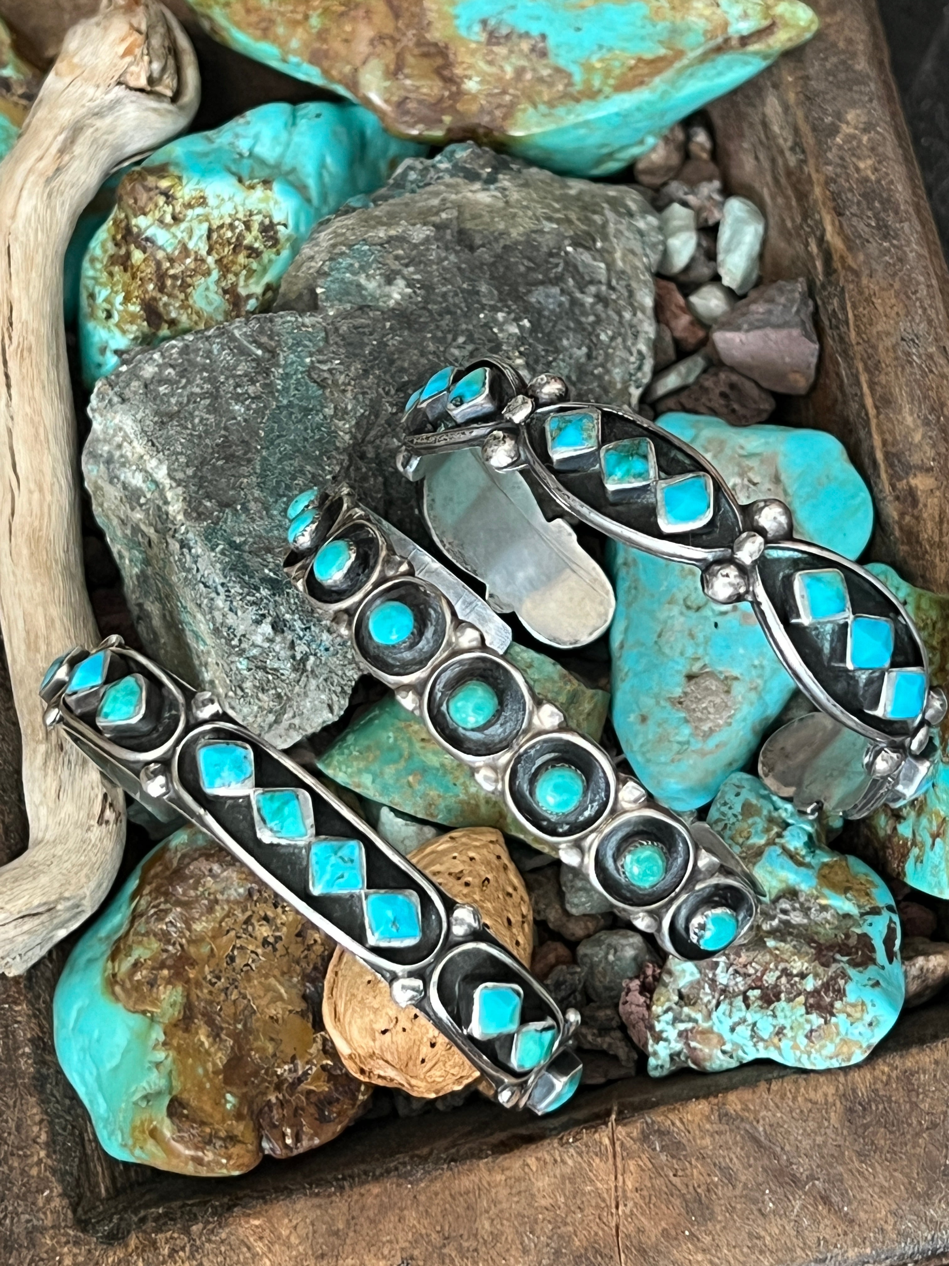 Handcrafted Vintage Sterling Silver and Four Diamond Turquoise Panel Stacker Cuff Bracelet