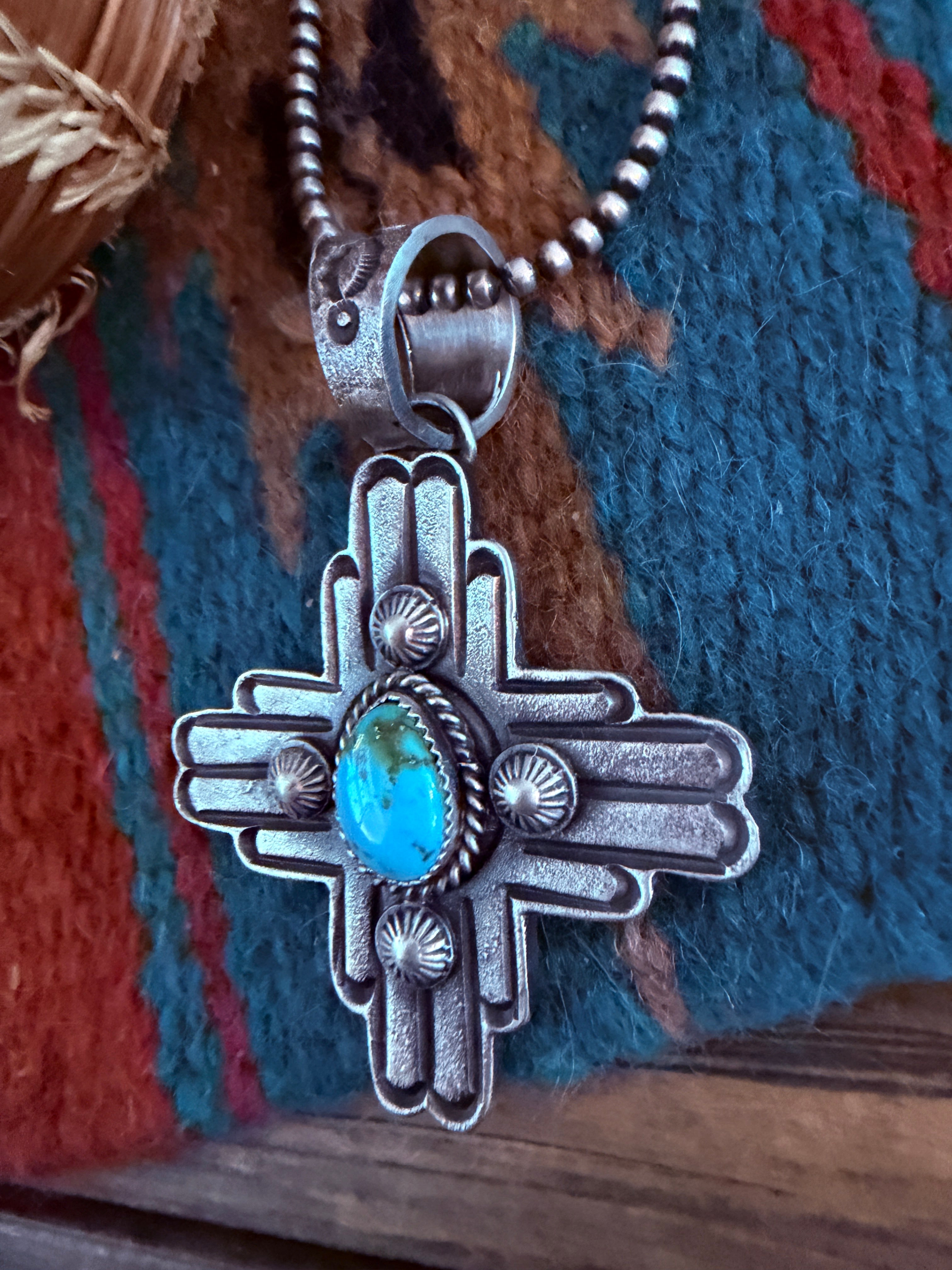 Handcrafted Sterling Silver & Sonoran Mountain Turquoise Zia Cross Pendant by Kevin Billah