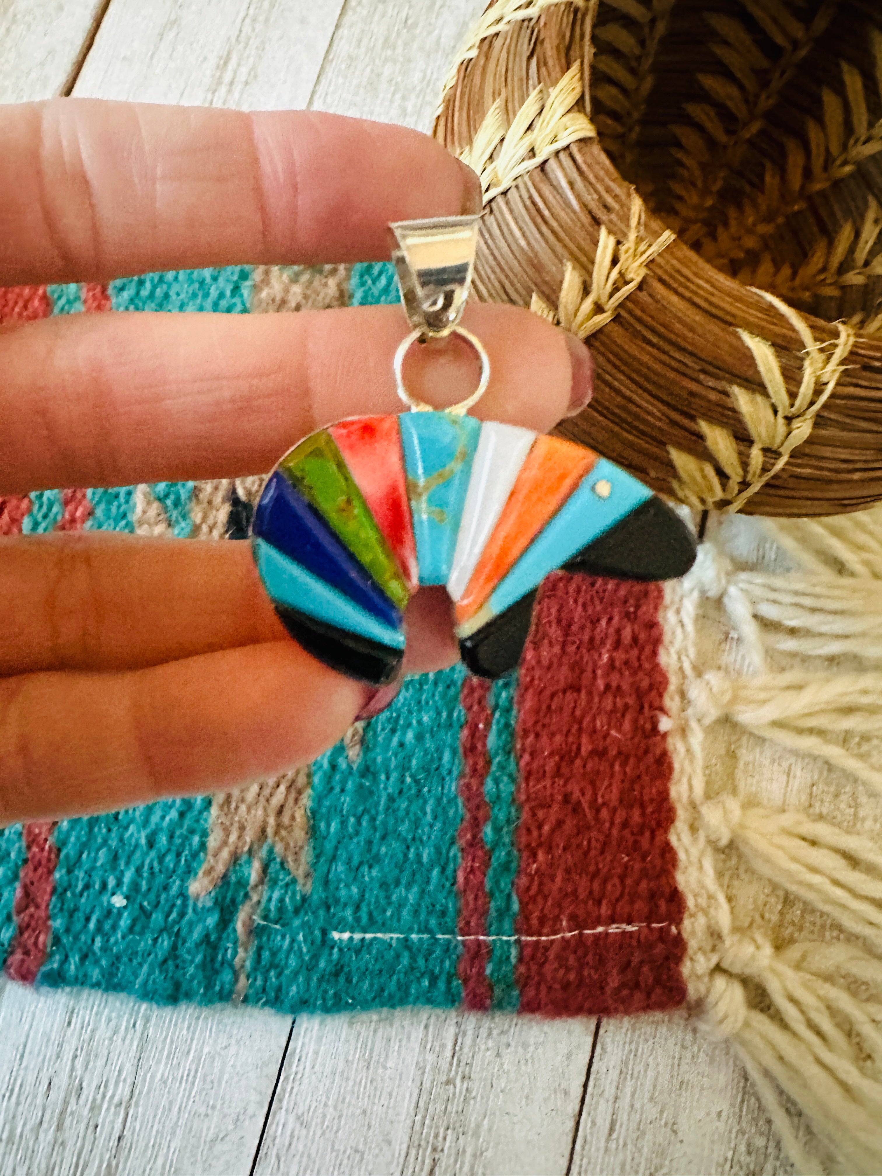 Handcrafted Multi Stone & Sterling Silver Inlay Fetish Bear Pendant