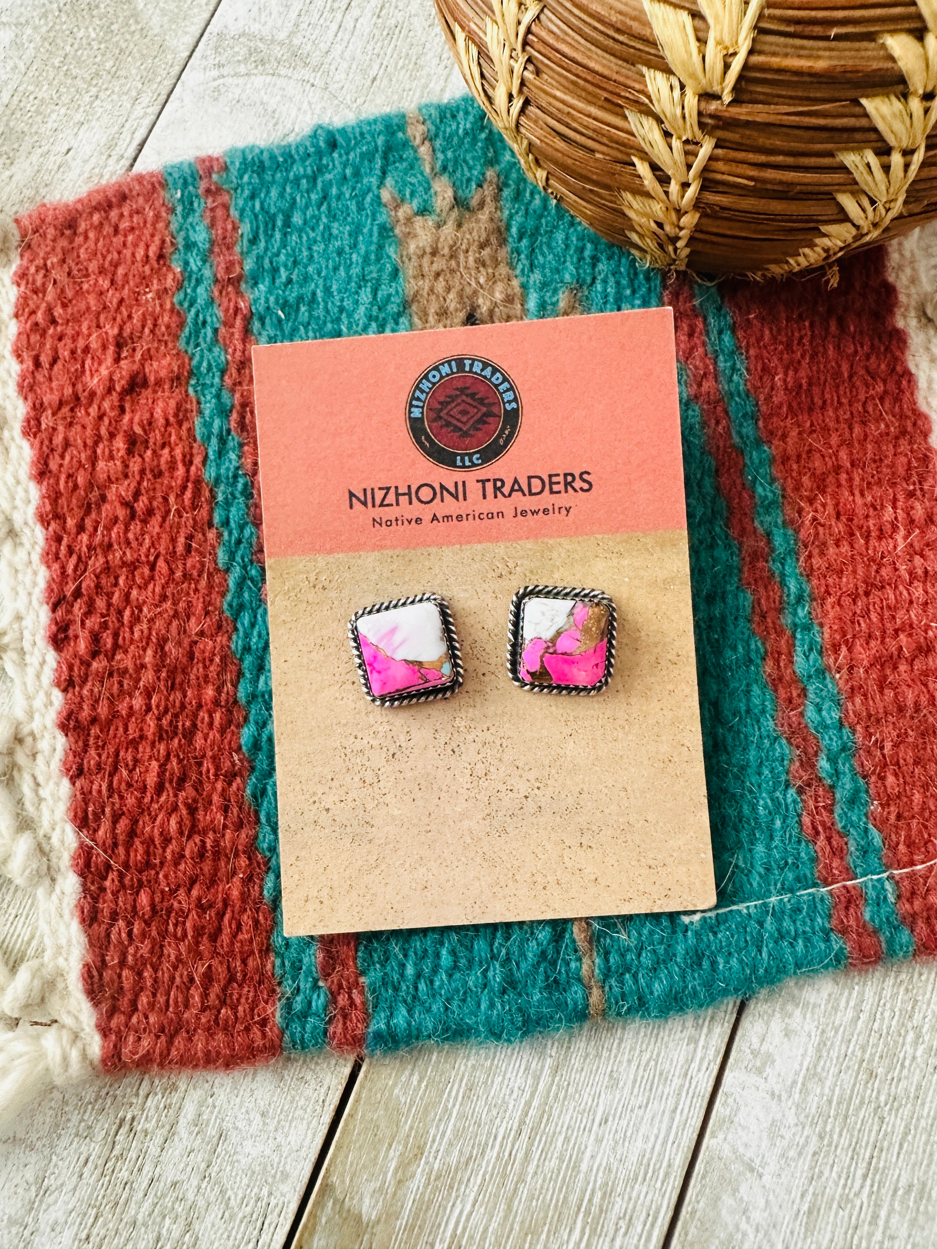 Handcrafted Cotton Candy and Sterling Silver Stud Earrings- Pink