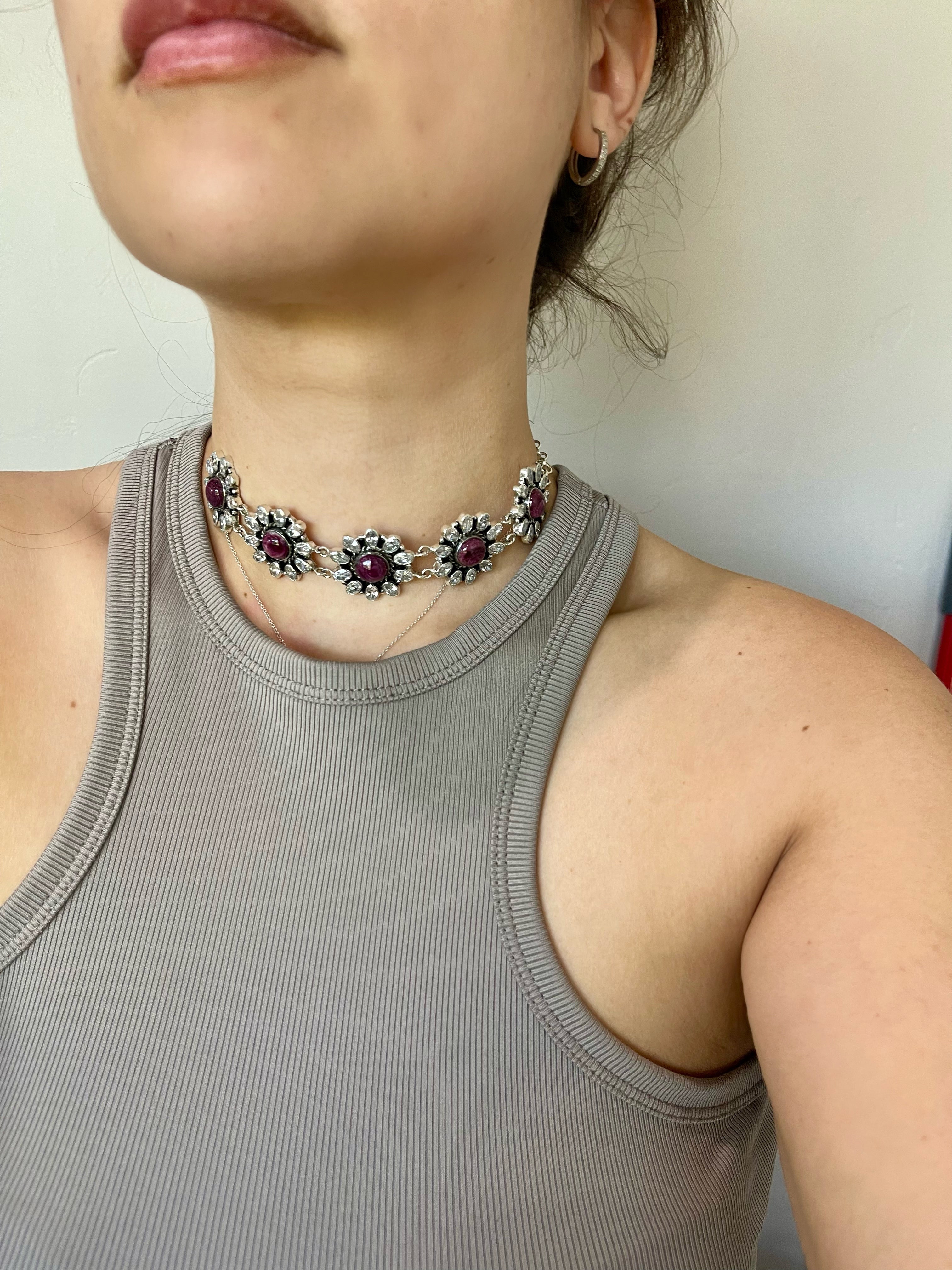 Handmade Sterling Silver, Purple Spiny & Cubic Zirconia Necklace And Earrings Set Signed Nizhoni