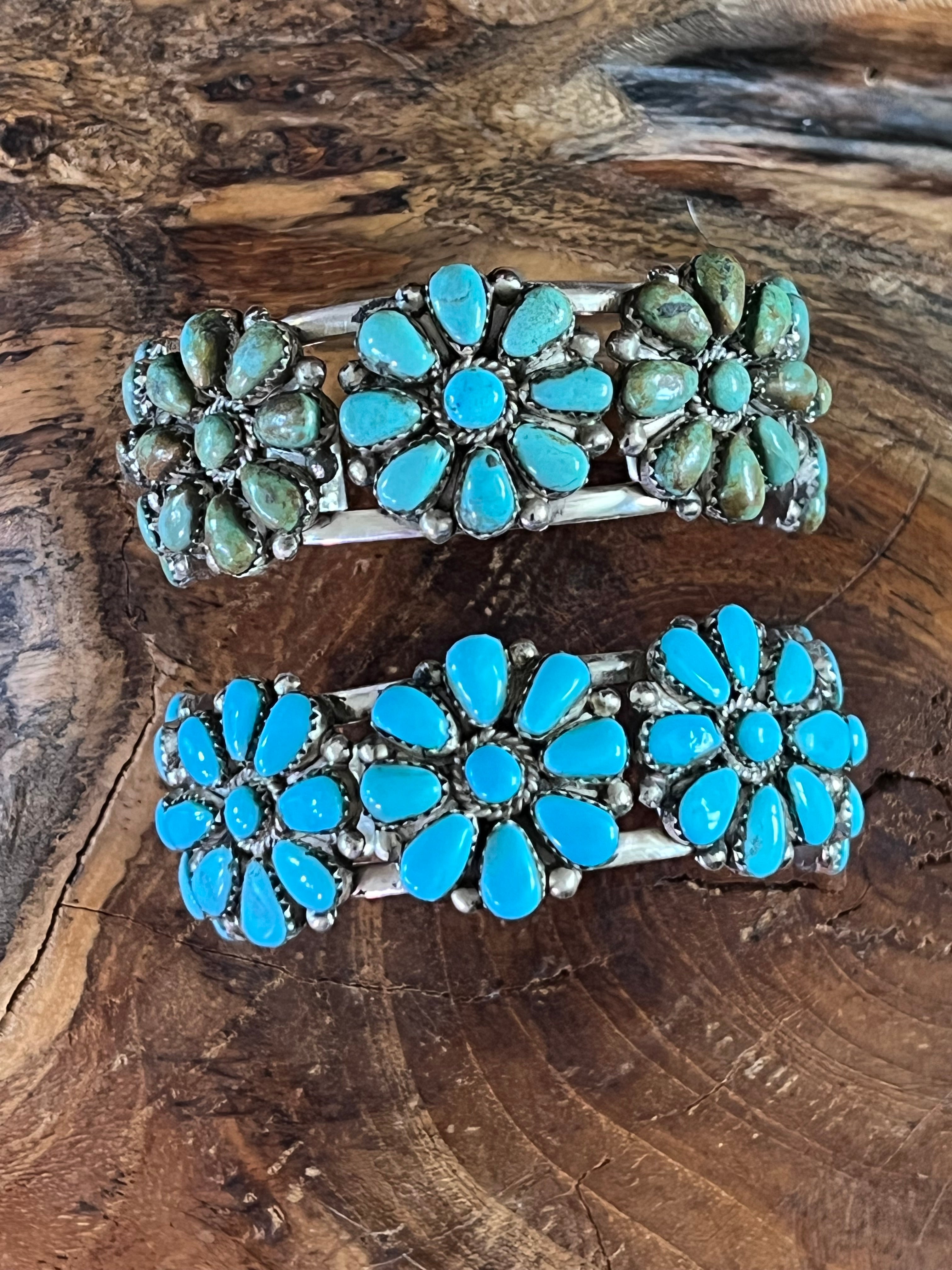 Handcrafted Old Pawn Sterling Silver and Mixed Turquoise Daisy Cluster Cuff Bracelet, Signed MA /