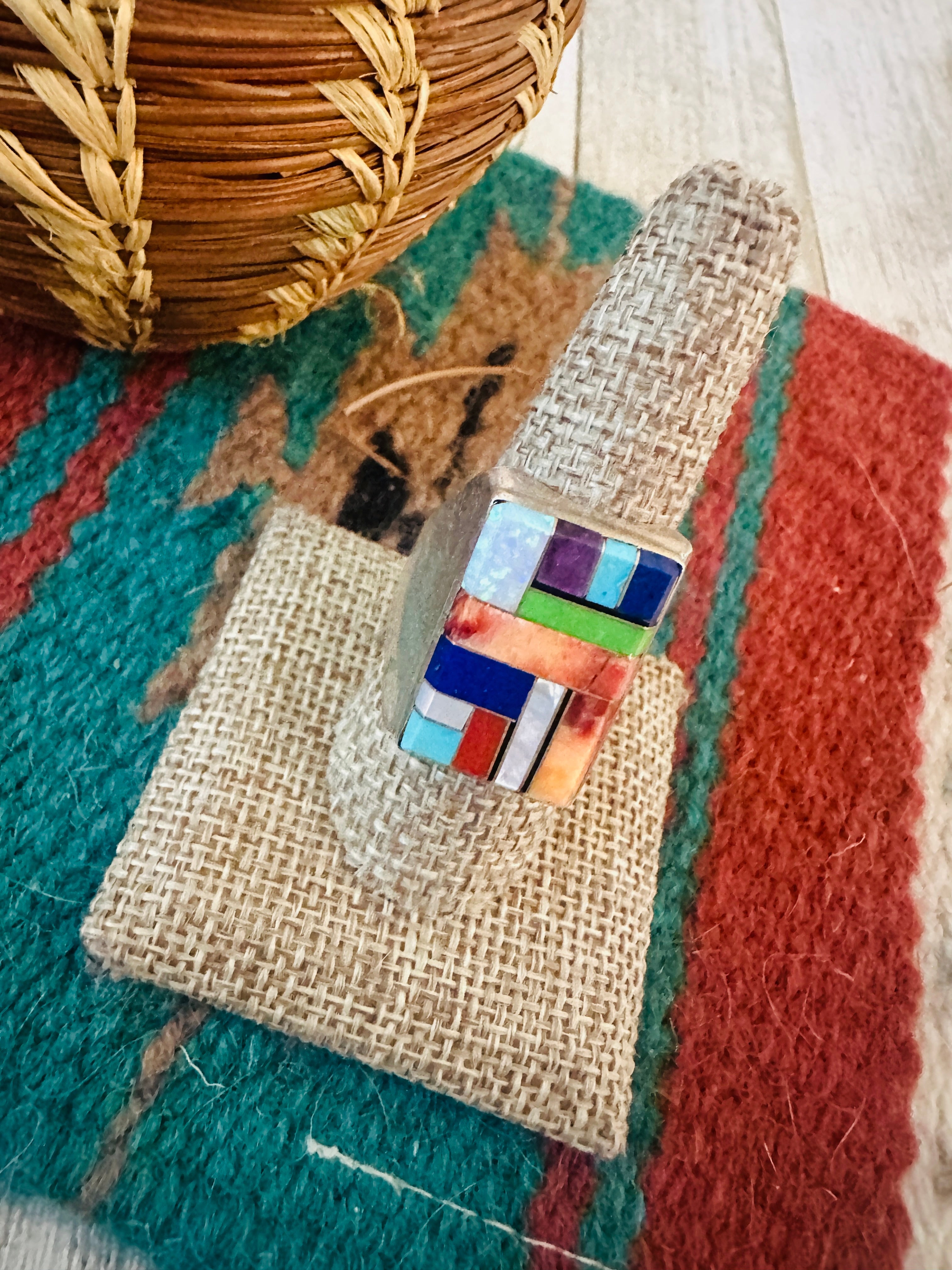 Handcrafted Old Pawn Sterling Silver & Multi Stone Inlay Ring Size 11