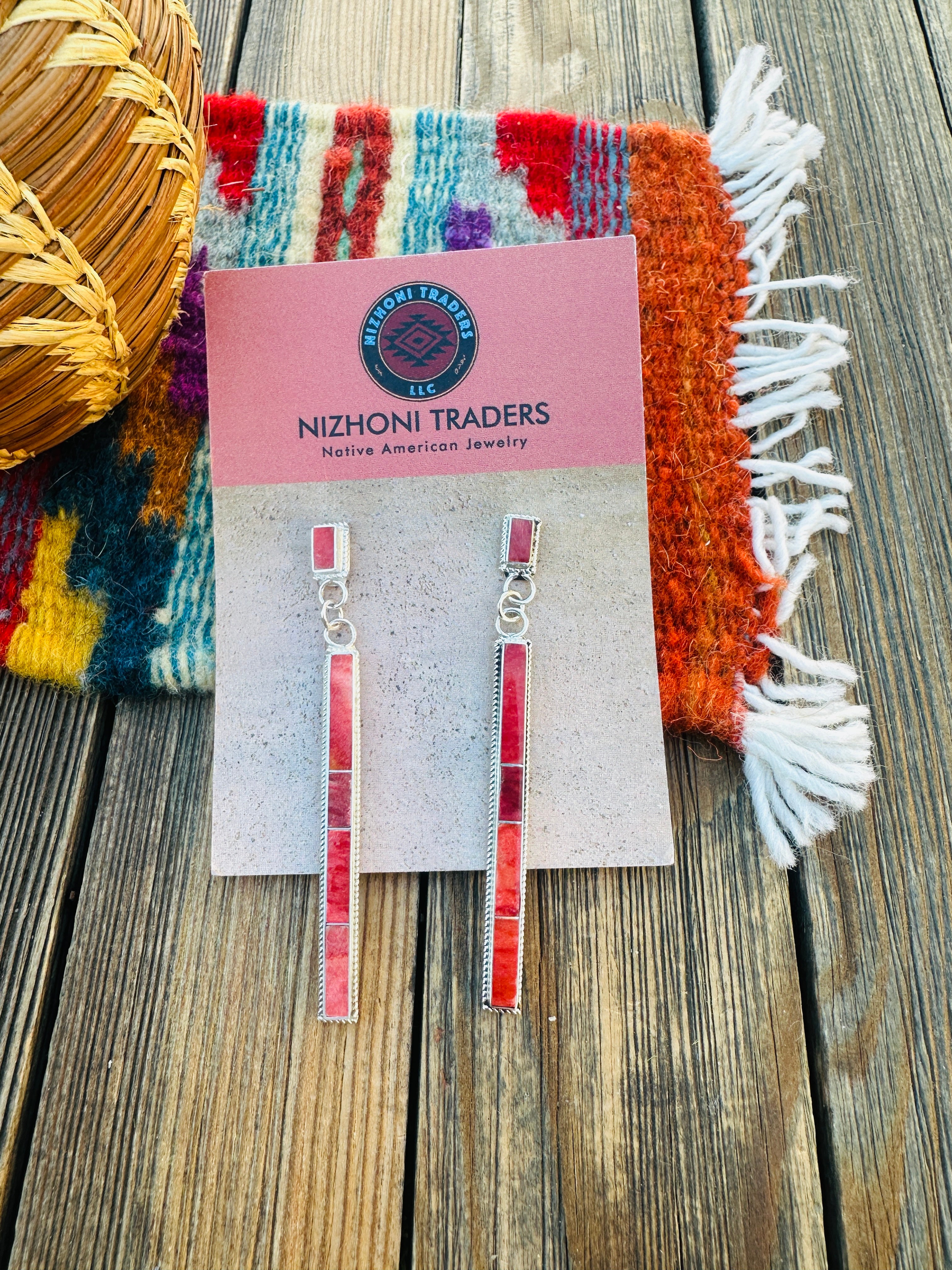 Handcrafted Spiny Oyster & Sterling Silver Inlay Dangle Earrings