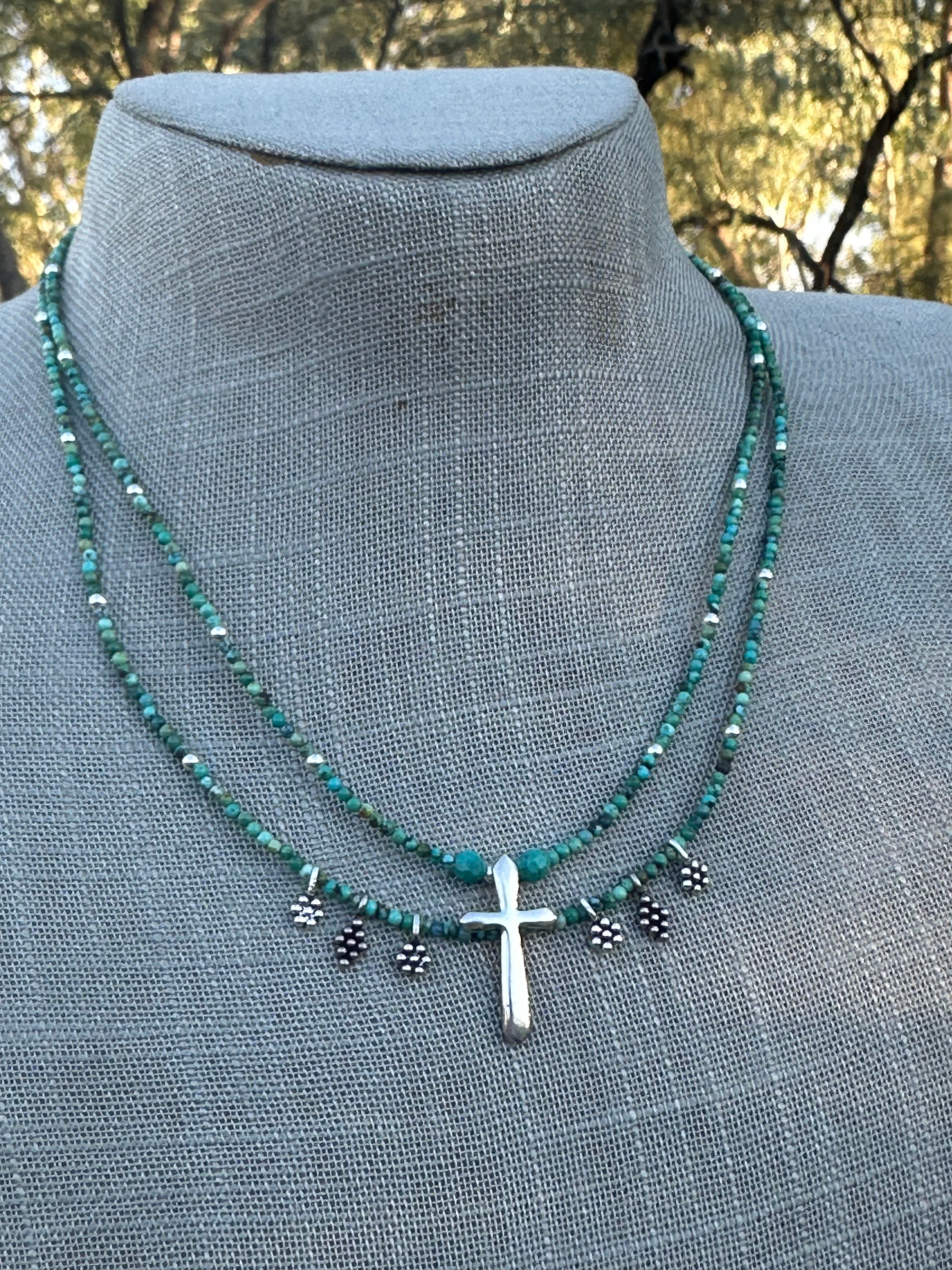Paige Wallace Sterling Silver Flower & Turquoise Beaded Cross Necklace 16”