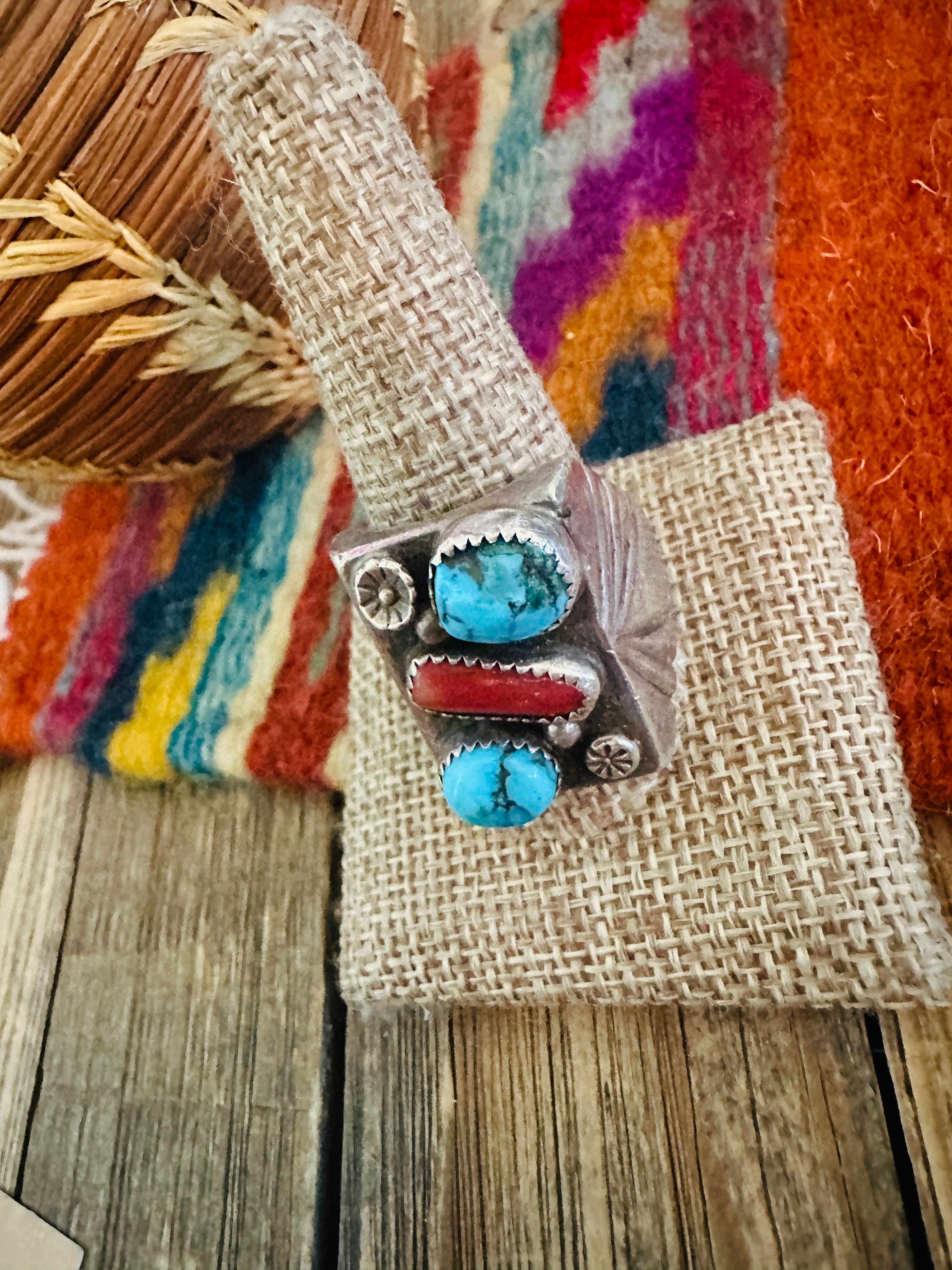 Old Pawn Handcrafted Turquoise, Coral & Sterling Silver Ring Size 12.25